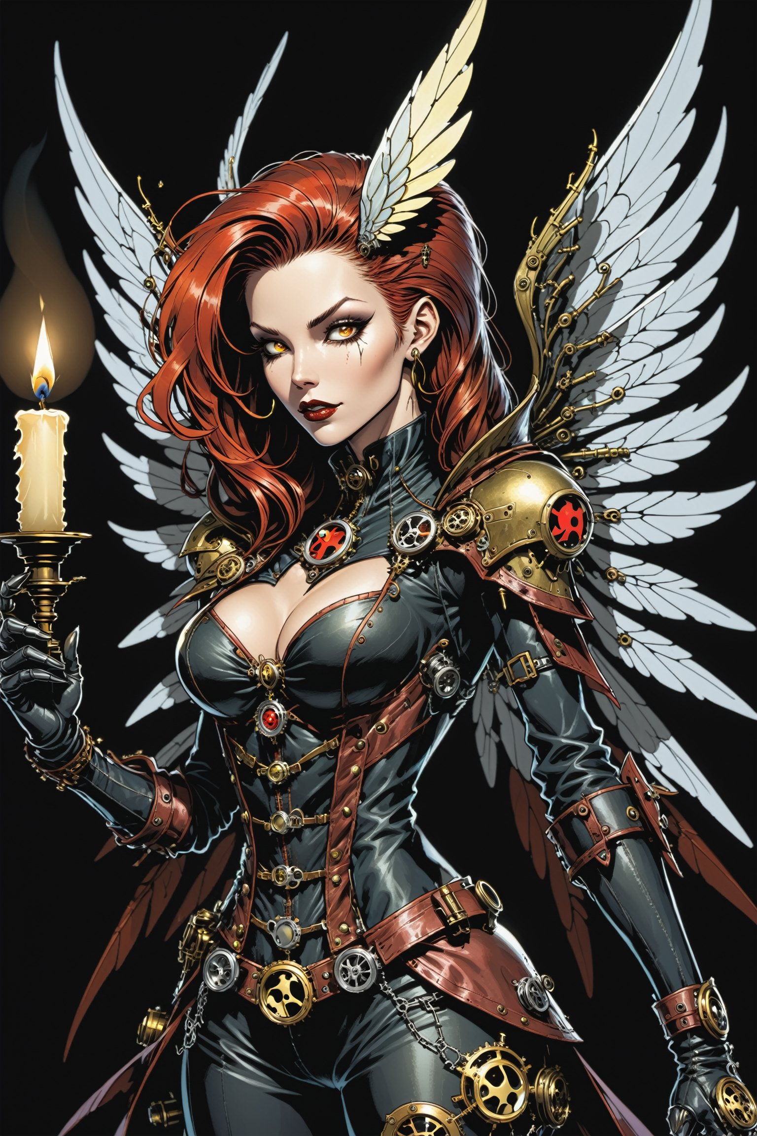 midshot, cel-shading style, centered image, ultra detailed illustration of the comic character ((female Spawn a steampunk faerie, her delicate wings shimmering in the soft glow of candlelight, by Todd McFarlane)), posing, in black and bronze suit with a skull emblem, ((holding a candle in one hand)), ((perfect hands)), ((closed hands)), ((close-up of her face)), (tetradic colors), inkpunk, ink lines, strong outlines, art by MSchiffer, bold traces, unframed, high contrast, cel-shaded, vector, 4k resolution, best quality, (chromatic aberration:1.8)