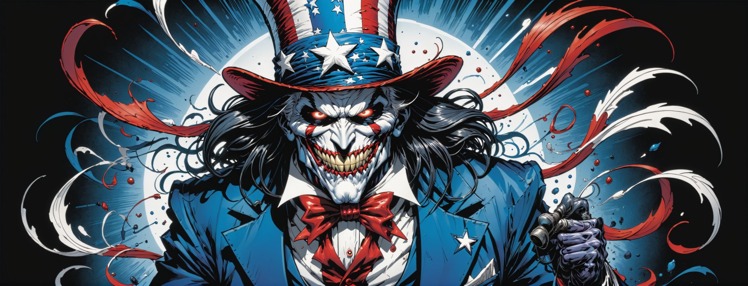 midshot, cel-shading style, centered image, ultra detailed illustration of the comic character ((Spawn Uncle Sam, by Todd McFarlane)), posing, long black long hair, ((she has a tiger tail)), Red white and blue, suit with a skull emblem,  ((Full Body)), (tetradic colors), inkpunk, ink lines, strong outlines, art by MSchiffer, bold traces, unframed, high contrast, cel-shaded, vector, 4k resolution, best quality, (chromatic aberration:1.8)