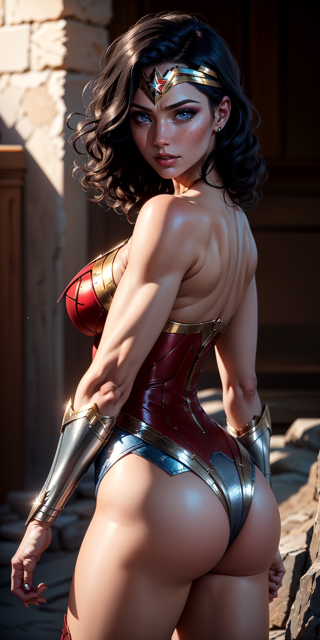 1woman, Wonder Woman, (((standing on mountain)), (intricate details, makeup), (delicate and beautiful delicate face, delicate and beautiful delicate eyes, perfectly proportioned face), delicate skin, strong and realistic blue eyes, realistic black hair, lips, makeup, natural skin texture, tiara, jewelry, (star), \(symbol\),(((leotard))), (((wonder woman uniform))), gauntlet, red boots, golden girdle, (public clothing: 1.5), bare shoulders, slightly sunburned complexion, mature, sexy, toned muscles, (muscles:1.2), ((view from behind)), standing on a mountain, ((strong and healthy body)), ((((more) muscles))), long legs, curves, (big breasts: 1.3), thin waist, soft waist, (delicate skin), (beautiful and sexy woman), (swollen lips: 0.9), very delicate muscles, standing,(realistic: 1.5), photorealistic, octane rendering, hyperrealistic, tight modeling, (photorealistic face: 1.2), thick eyelashes, long eyelashes, (curly dark hair: 1.1), best quality, half smile, (looking at the viewer), sharp focus, (4k), (masterpiece), (best quality), fantasy, extremely detailed, intricate, hyper detailed, (perfect face), illustration, soft lighting,(specular lighting:1.4), blue eyes, absurdly photorealistic, ultra high resolution, intricate, hyperdetailed, (skindentation), female, detailed body, (detailed face: 1.1), (outlined iris), (hydrocolor lenses), (perfect eyes), 4k, gorgeous, (masterpiece: 1.2), (best quality:1.2),