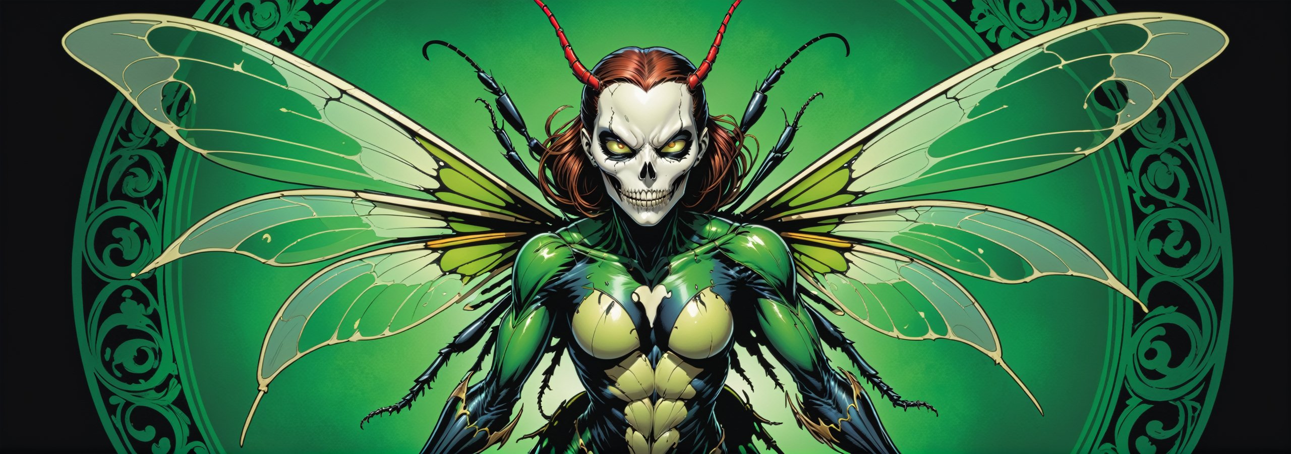 midshot, cel-shading style, centered image, ultra detailed illustration of the comic character ((Female Insect Spawn by Todd McFarlane)), posing, green, light green, brown, and black suit with a skull emblem, ((Full Body)), ((beetle, wings)),ornate background, (tetradic colors), inkpunk, ink lines, strong outlines, art by MSchiffer, bold traces, unframed, high contrast, cel-shaded, vector, 4k resolution, best quality, (chromatic aberration:1.8)