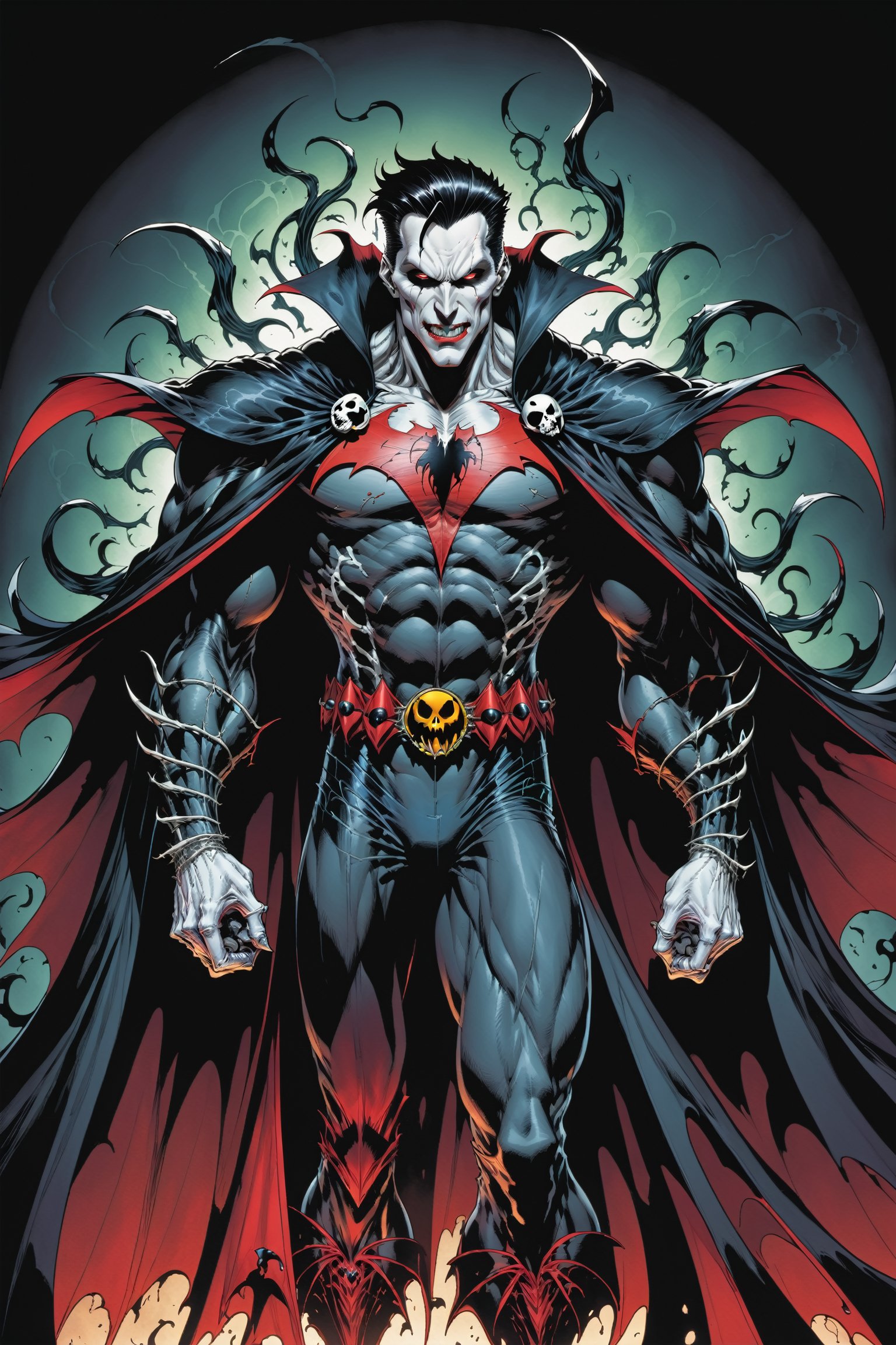 midshot, cel-shading style, centered image, ultra detailed illustration of the comic character ((male Spawn Dracula, by Todd McFarlane)), posing,  he has black  hair, black suit with a skull emblem, long flowing cape, ((Half Body)), (tetradic colors), inkpunk, ink lines, strong outlines, art by MSchiffer, bold traces, unframed, high contrast, cel-shaded, vector, 4k resolution, best quality, (chromatic aberration:1.8)