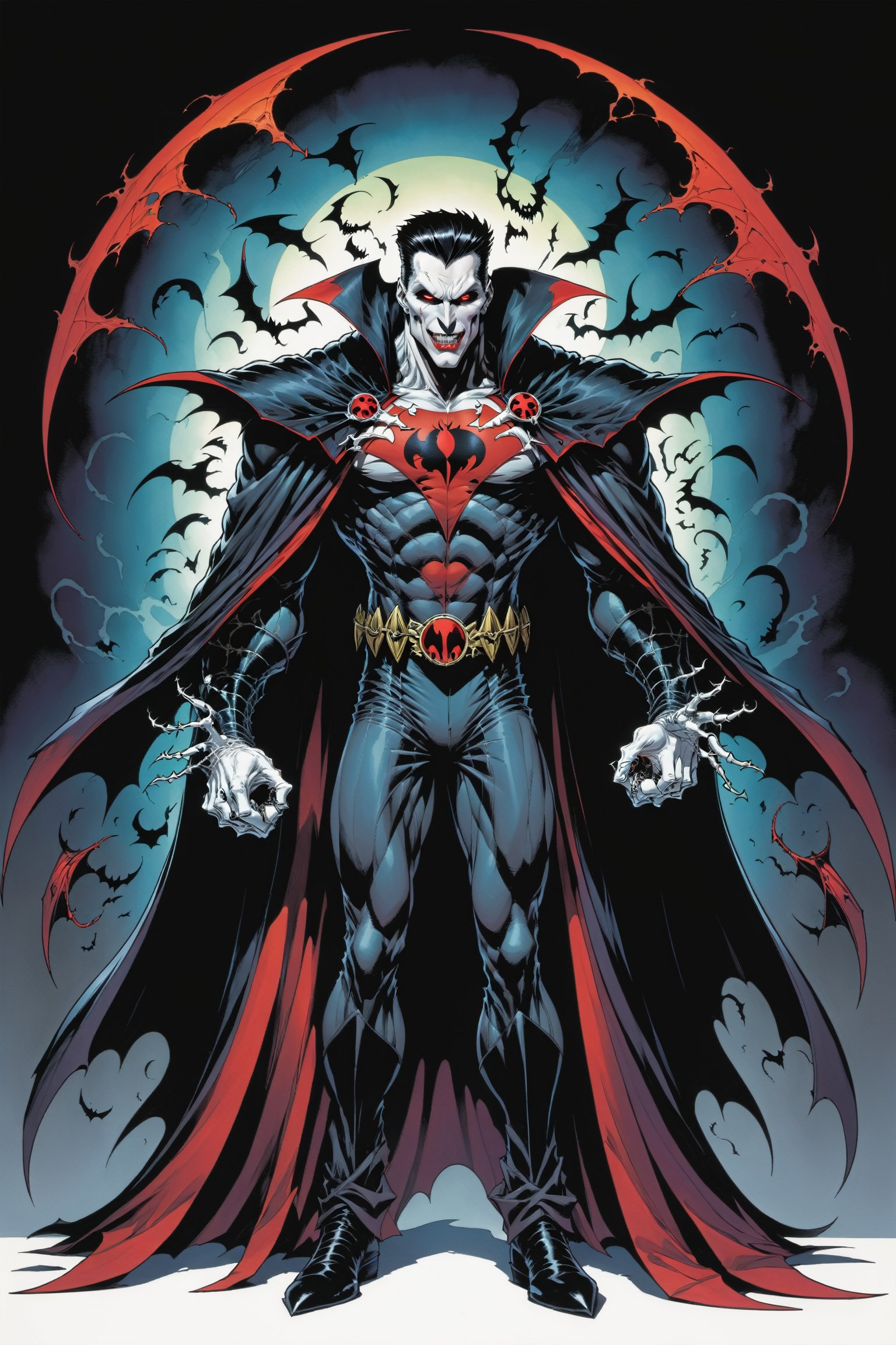 midshot, cel-shading style, centered image, ultra detailed illustration of the comic character ((male Spawn Dracula, by Todd McFarlane)), posing,  he has black  hair, black suit with a skull emblem, long flowing cape, ((Half Body)), (tetradic colors), inkpunk, ink lines, strong outlines, art by MSchiffer, bold traces, unframed, high contrast, cel-shaded, vector, 4k resolution, best quality, (chromatic aberration:1.8)