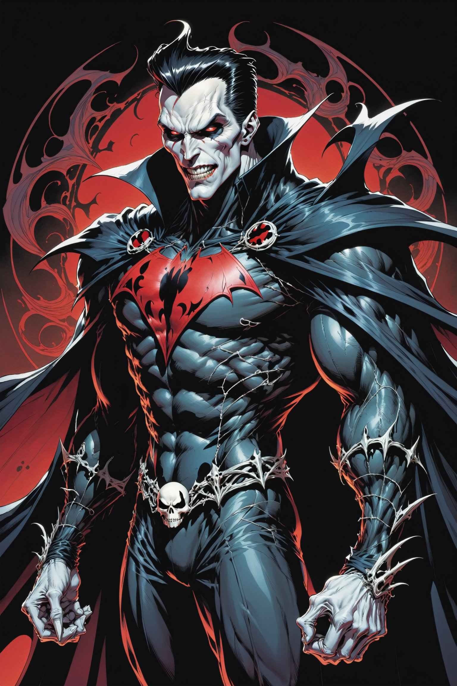 midshot, cel-shading style, centered image, ultra detailed illustration of the comic character ((male Spawn Dracula, by Todd McFarlane)), posing,  he has black  hair, black suit with a skull emblem, long flowing cape, ((Half Body)), (tetradic colors), inkpunk, ink lines, strong outlines, art by MSchiffer, bold traces, unframed, high contrast, cel-shaded, vector, 4k resolution, best quality, (chromatic aberration:1.8)