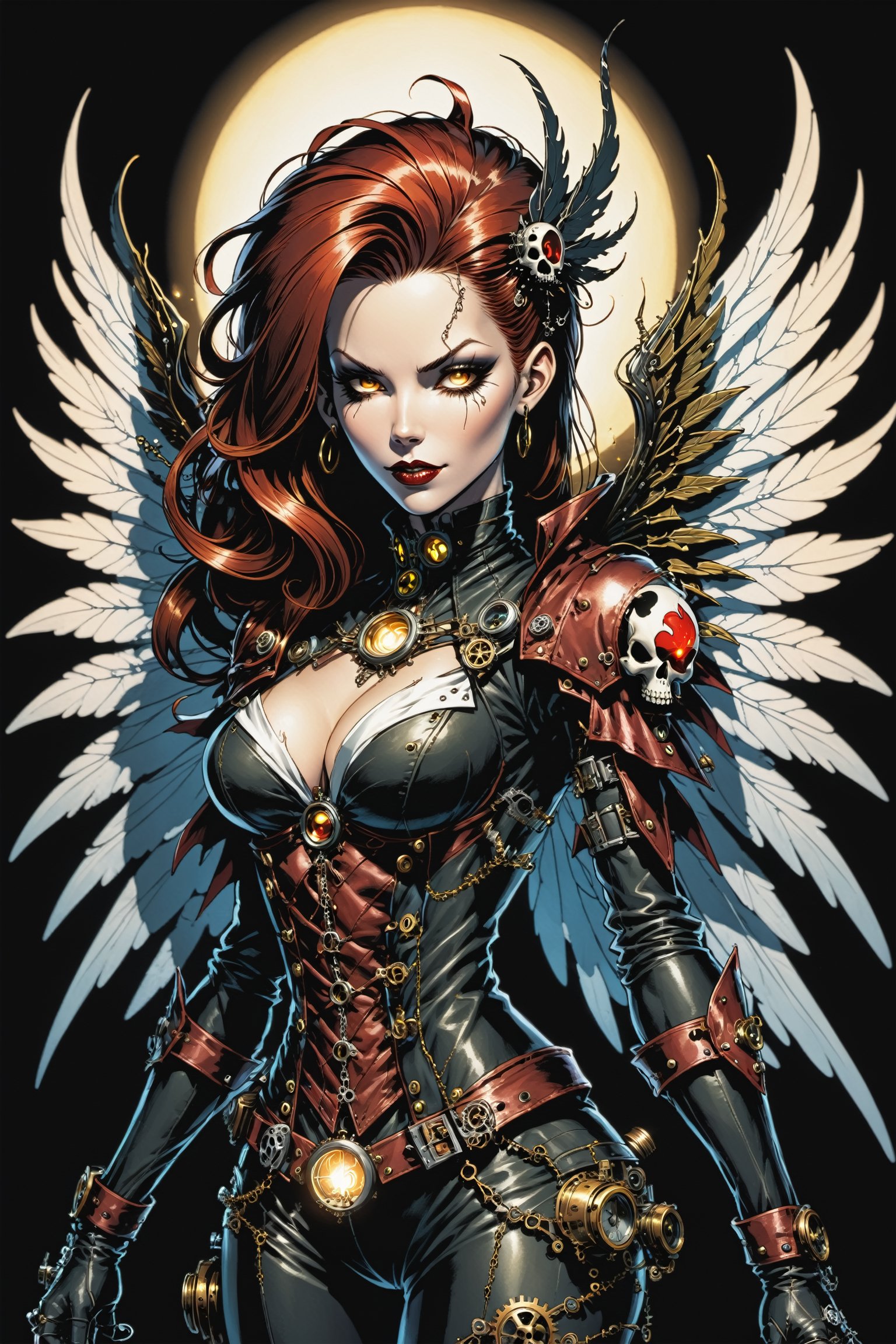 midshot, cel-shading style, centered image, ultra detailed illustration of the comic character ((female Spawn a steampunk faerie, her delicate wings shimmering in the soft glow of candlelight, by Todd McFarlane)), posing, in black and bronze suit with a skull emblem, ((holding a candle in one hand)), ((perfect hands)), ((closed hands)), ((close-up of her face)), (tetradic colors), inkpunk, ink lines, strong outlines, art by MSchiffer, bold traces, unframed, high contrast, cel-shaded, vector, 4k resolution, best quality, (chromatic aberration:1.8)