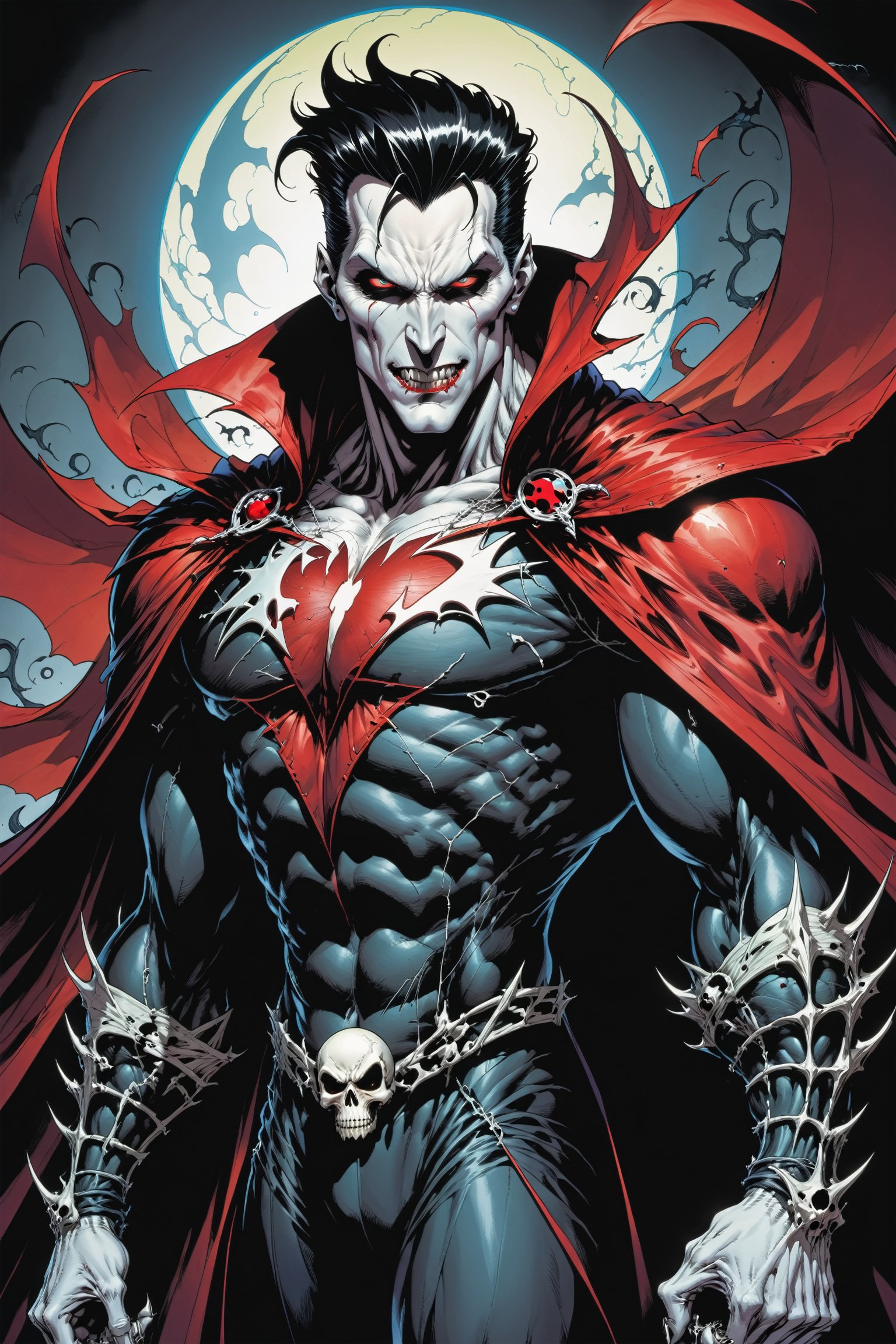 midshot, cel-shading style, centered image, ultra detailed illustration of the comic character ((male Spawn Dracula, by Todd McFarlane)), posing,  he has black  hair, black suit with a skull emblem, long flowing cape, ((Half Body)), (tetradic colors), inkpunk, ink lines, strong outlines, art by MSchiffer, bold traces, unframed, high contrast, cel-shaded, vector, 4k resolution, best quality, (chromatic aberration:1.8)