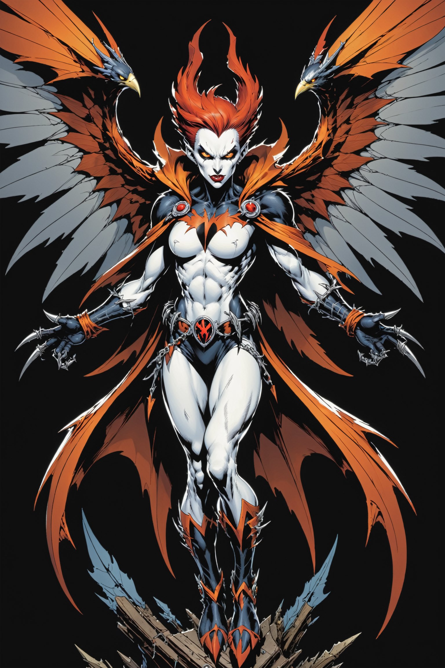 midshot, cel-shading style, centered image, ultra detailed illustration of the comic character ((female Spawn Harpy, by Todd McFarlane)), posing, black, white, brown rust and orange colors, ((Full Body)), (tetradic colors), inkpunk, ink lines, strong outlines, art by MSchiffer, bold traces, unframed, high contrast, cel-shaded, vector, 4k resolution, best quality, (chromatic aberration:1.8)