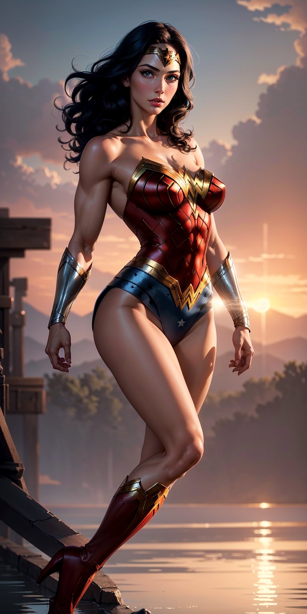 1woman, Wonder Woman, (((floating in the air))),(((flying in the air))), (((flying))),((full body)), ((sunset behind her)),(intricate details, makeup), (delicate and beautiful delicate face, delicate and beautiful delicate eyes, perfectly proportioned face), delicate skin, strong and realistic blue eyes, realistic black hair, lips, makeup, natural skin texture, tiara, jewelry, (star), \(symbol\),(((leotard))), (((wonder woman uniform))), gauntlet, red boots, golden girdle, (public clothing: 1.5), bare shoulders, slightly sunburned complexion, mature, sexy, toned muscles, (muscles:1.2), (((floating in the sky))),((strong and healthy body)), ((((more) muscles))), long legs, curves, (big breasts: 1.3), thin waist, soft waist, (delicate skin), (beautiful and sexy woman), (swollen lips: 0.9), very delicate muscles, standing,(realistic: 1.5), photorealistic, octane rendering, hyperrealistic, tight modeling, (photorealistic face: 1.2), thick eyelashes, long eyelashes, (curly dark hair: 1.1), best quality, half smile, (looking at the viewer), sharp focus, (4k), (masterpiece), (best quality), fantasy, extremely detailed, intricate, hyper detailed, (perfect face), illustration, soft lighting,(specular lighting:1.4), blue eyes, absurdly photorealistic, ultra high resolution, intricate, hyperdetailed, (skindentation), female, detailed body, (detailed face: 1.1), (outlined iris), (hydrocolor lenses), (perfect eyes), 4k, gorgeous, (masterpiece: 1.2), (best quality:1.2),