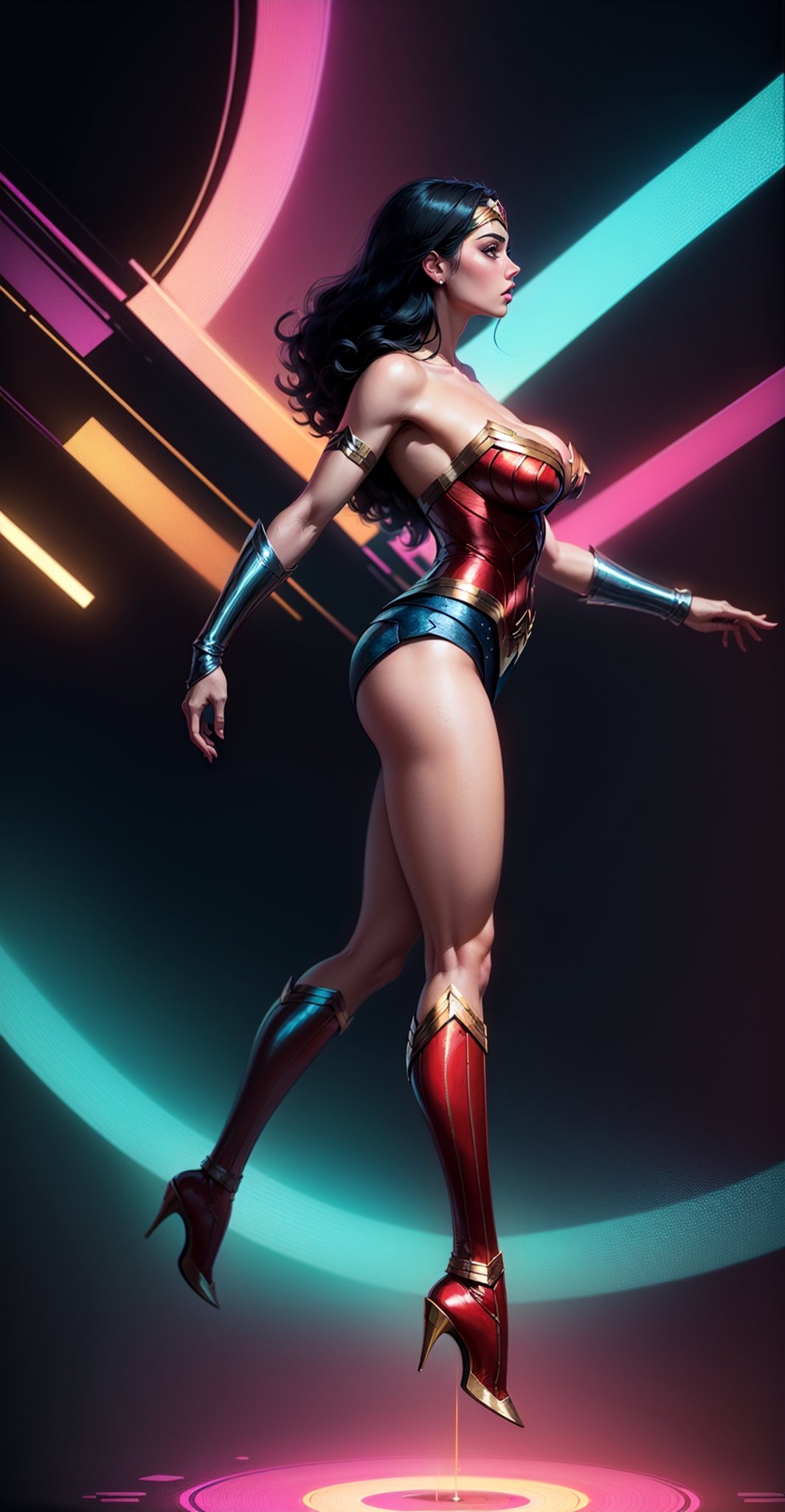 Wonder Woman (big tits),(( side view,)), ((full body)),masterpiece, best quality, ((abstract, psychedelic, neon, background)),(creative:1.3), sy3, SMM, fantasy00d