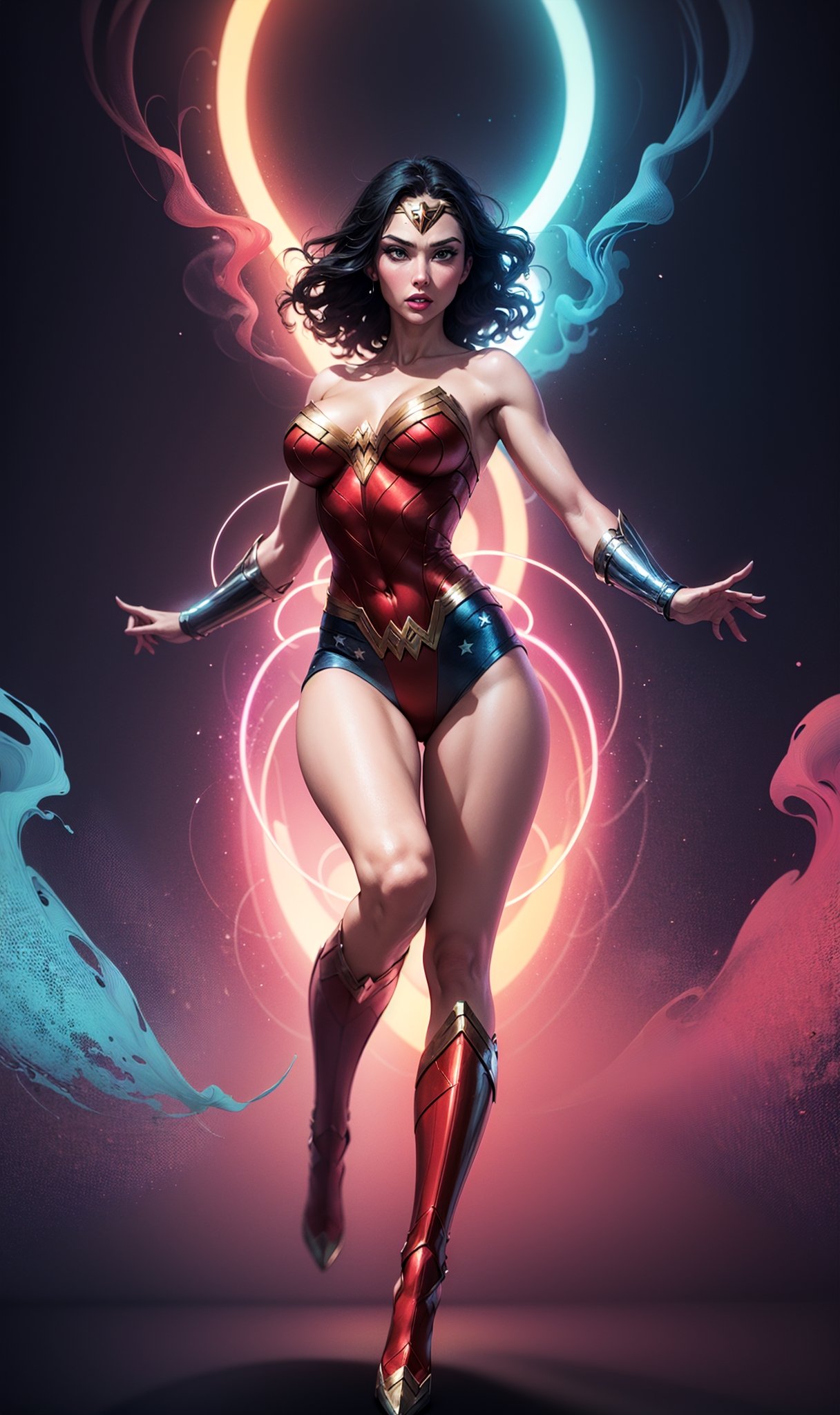 Wonder Woman (big tits),(( view toward viewer,)),((full body)), ((flying at higher rate of speed,)),  body stretched out, masterpiece, best quality, ((abstract, psychedelic, neon, smoke , background)),(creative:1.3), sy3, SMM, fantasy00d