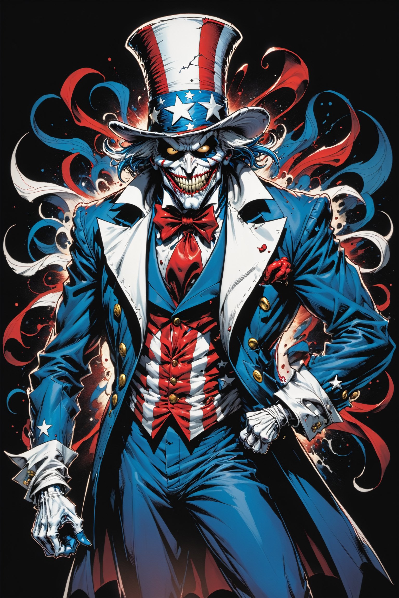 midshot, cel-shading style, centered image, ultra detailed illustration of the comic character ((Spawn Uncle Sam, by Todd McFarlane)), posing, Red white and blue, suit with a skull emblem,  ((Full Body)), (tetradic colors), inkpunk, ink lines, strong outlines, art by MSchiffer, bold traces, unframed, high contrast, cel-shaded, vector, 4k resolution, best quality, (chromatic aberration:1.8)