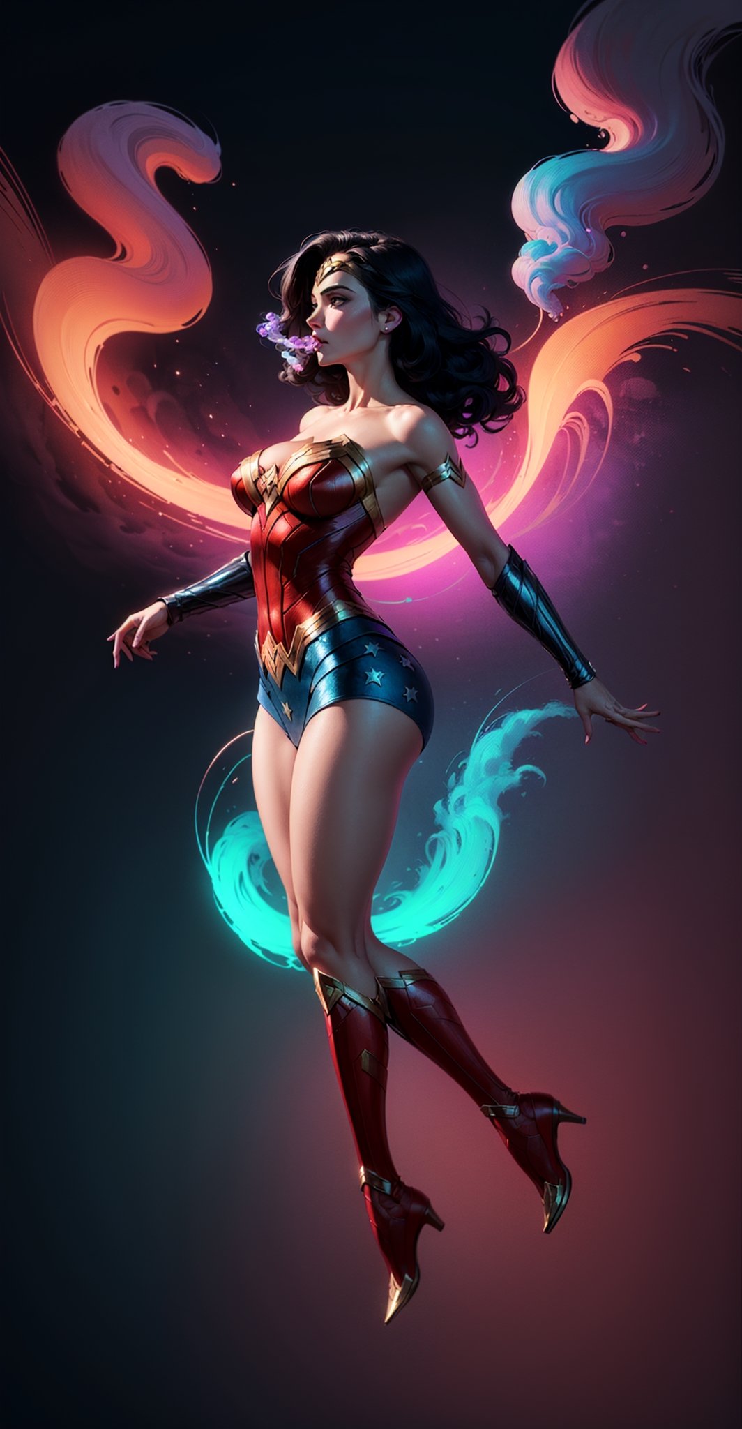 Wonder Woman (big tits),(( side view,)),((full body)),((floating in air)),masterpiece, best quality, ((abstract, psychedelic, neon, smoke , background)),(creative:1.3), sy3, SMM, fantasy00d