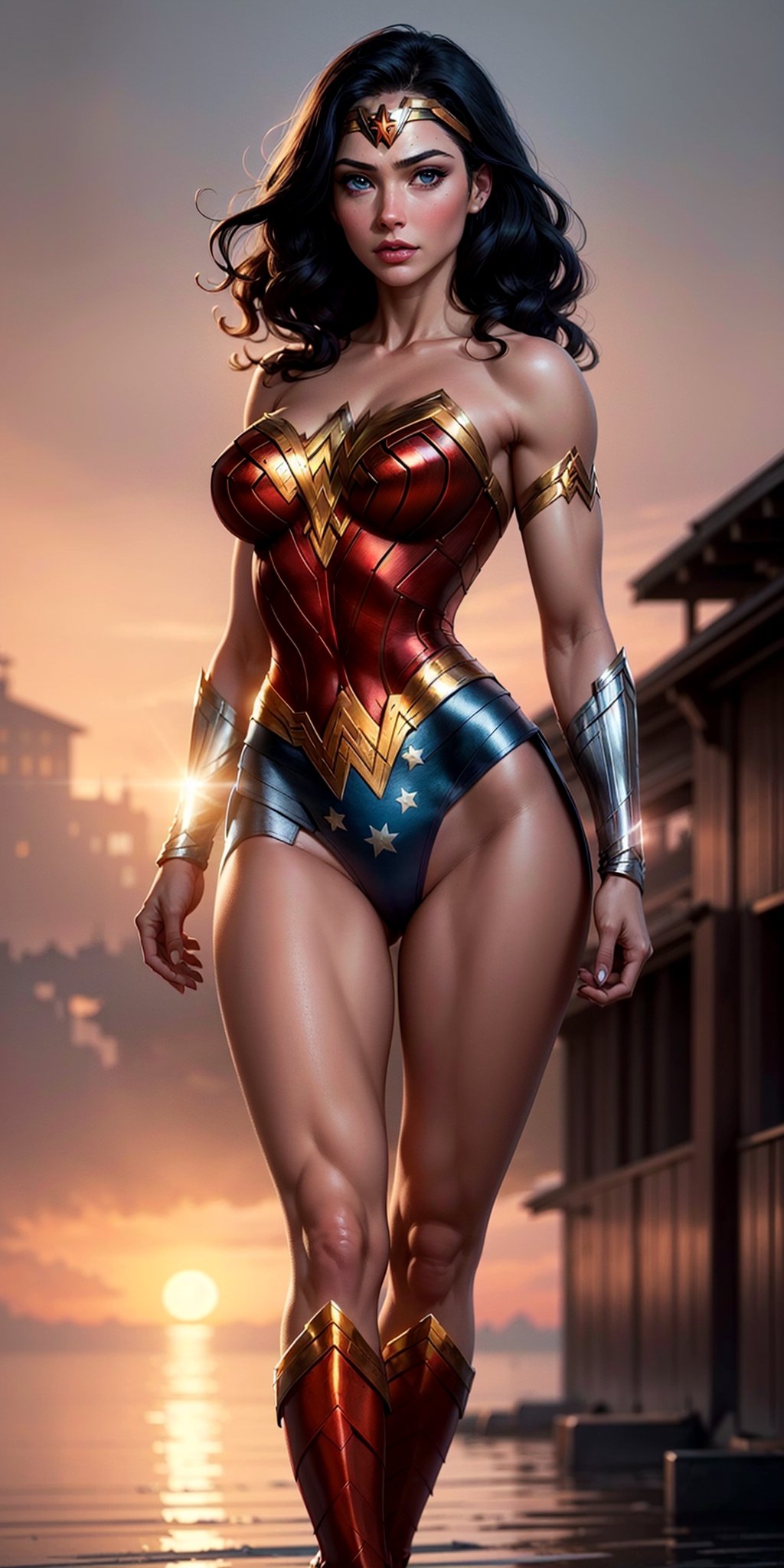 1woman, Wonder Woman, (((floating in the air))),(((flying in the air))),((full body)), ((sunset behind her)),(intricate details, makeup), (delicate and beautiful delicate face, delicate and beautiful delicate eyes, perfectly proportioned face), delicate skin, strong and realistic blue eyes, realistic black hair, lips, makeup, natural skin texture, tiara, jewelry, (star), \(symbol\),(((leotard))), (((wonder woman uniform))), gauntlet, red boots, golden girdle, (public clothing: 1.5), bare shoulders, slightly sunburned complexion, mature, sexy, toned muscles, (muscles:1.2), ((view from behind)), ((strong and healthy body)), ((((more) muscles))), long legs, curves, (big breasts: 1.3), thin waist, soft waist, (delicate skin), (beautiful and sexy woman), (swollen lips: 0.9), very delicate muscles, standing,(realistic: 1.5), photorealistic, octane rendering, hyperrealistic, tight modeling, (photorealistic face: 1.2), thick eyelashes, long eyelashes, (curly dark hair: 1.1), best quality, half smile, (looking at the viewer), sharp focus, (4k), (masterpiece), (best quality), fantasy, extremely detailed, intricate, hyper detailed, (perfect face), illustration, soft lighting,(specular lighting:1.4), blue eyes, absurdly photorealistic, ultra high resolution, intricate, hyperdetailed, (skindentation), female, detailed body, (detailed face: 1.1), (outlined iris), (hydrocolor lenses), (perfect eyes), 4k, gorgeous, (masterpiece: 1.2), (best quality:1.2),