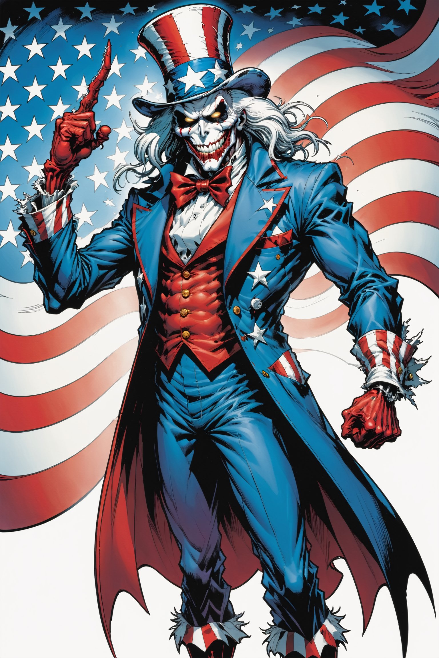 midshot, cel-shading style, centered image, ultra detailed illustration of the comic character ((Spawn Uncle Sam, by Todd McFarlane)), posing, Long white hair, Red white and blue, suit with a skull emblem,  ((Full Body)), (tetradic colors), inkpunk, ink lines, strong outlines, art by MSchiffer, bold traces, unframed, high contrast, cel-shaded, vector, 4k resolution, best quality, (chromatic aberration:1.8)