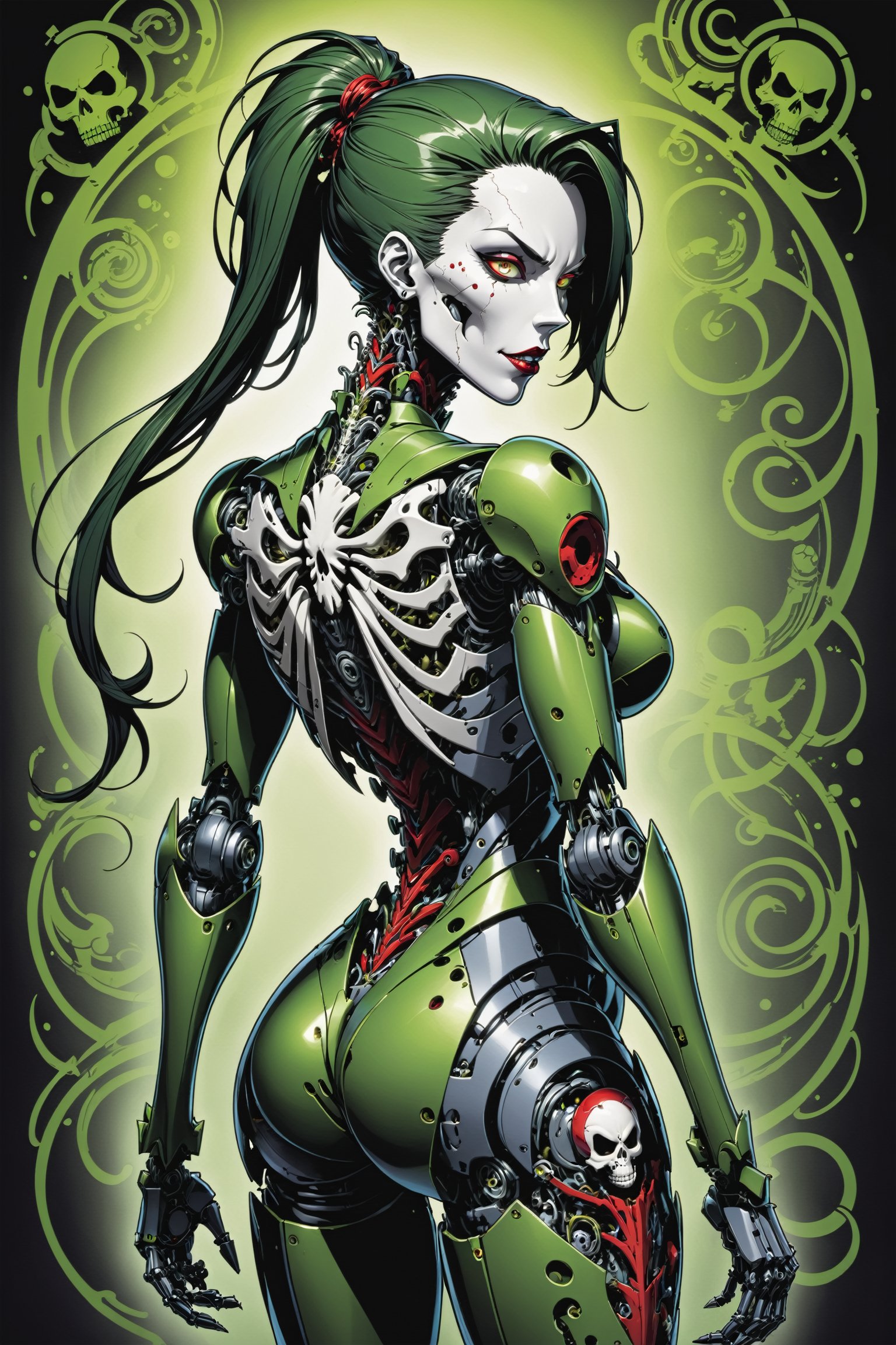 midshot, cel-shading style, centered image, ultra detailed illustration of the comic character ((Female Spawn  marge Mechanoid robot by Todd McFarlane)), posing, Olive Green gray and black suit with a skull emblem, ((view from Behind she’s looking over her shoulder)), ((Full Body)), ((view from behind)), ornate background, perfect hands, (tetradic colors), inkpunk, ink lines, strong outlines, art by MSchiffer, bold traces, unframed, high contrast, cel-shaded, vector, 4k resolution, best quality, (chromatic aberration:1.8)