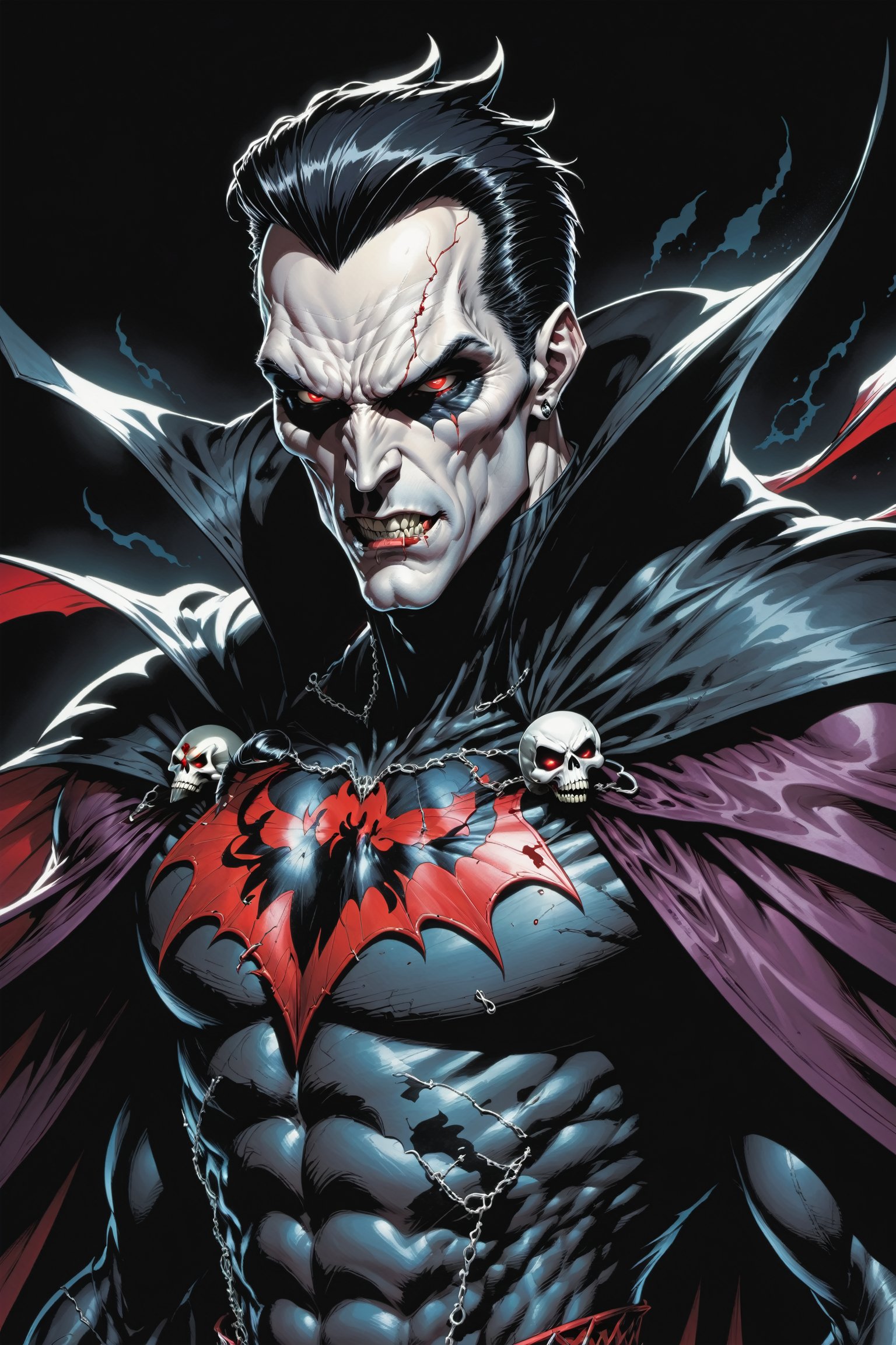 midshot, cel-shading style, centered image, ultra detailed illustration of the comic character ((male Spawn Dracula, by Todd McFarlane)), posing,  he has black  hair, black suit with a skull emblem, long flowing cape, ((Half Body)), (tetradic colors), inkpunk, ink lines, strong outlines, art by MSchiffer, bold traces, unframed, high contrast, cel-shaded, vector, 4k resolution, best quality, (chromatic aberration:1.8)