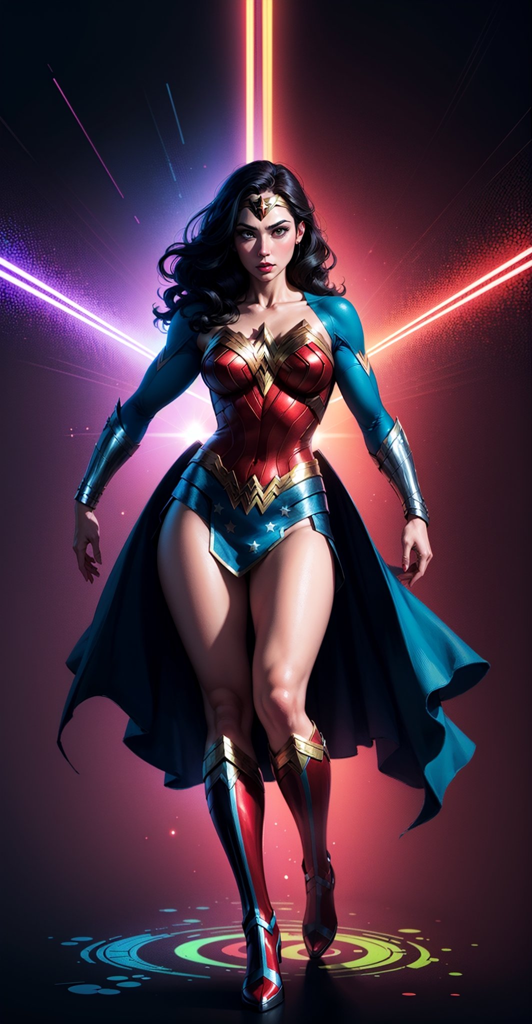 Wonder Woman ((full body)), (big tits) masterpiece, best quality, ((abstract, psychedelic, neon, background)),(creative:1.3), sy3, SMM, fantasy00d