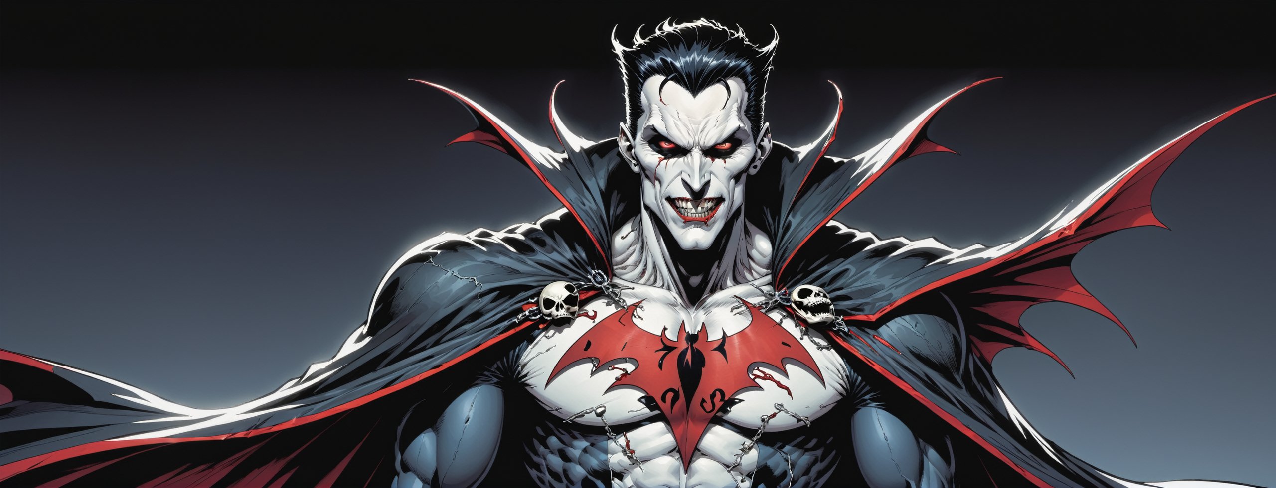 midshot, cel-shading style, centered image, ultra detailed illustration of the comic character ((male Spawn Dracula, by Todd McFarlane)), posing,  he has black  hair, black suit with a skull emblem, long flowing cape, ((Half Body)), (tetradic colors), inkpunk, ink lines, strong outlines, art by MSchiffer, bold traces, unframed, high contrast, cel-shaded, vector, 4k resolution, best quality, (chromatic aberration:1.8)