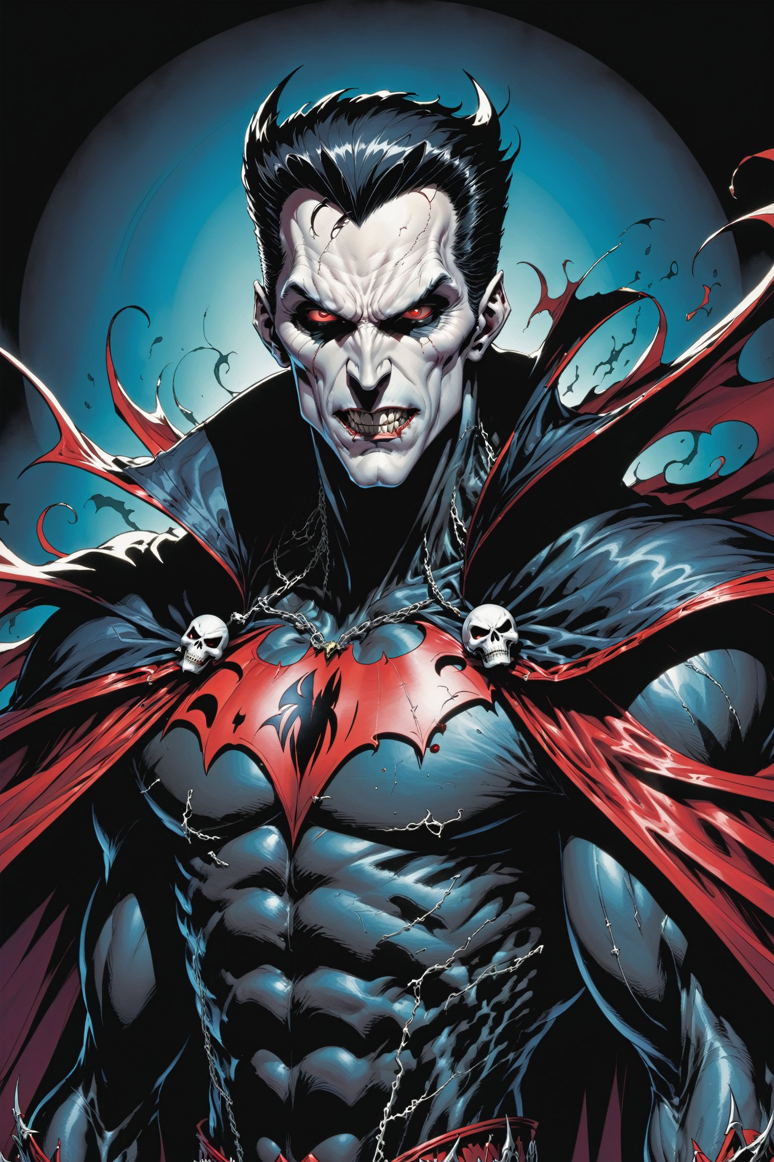 midshot, cel-shading style, centered image, ultra detailed illustration of the comic character ((male Spawn Dracula, by Todd McFarlane)), posing,  he has black  hair, black suit with a skull emblem, long flowing cape, ((Half Body)), (tetradic colors), inkpunk, ink lines, strong outlines, art by MSchiffer, bold traces, unframed, high contrast, cel-shaded, vector, 4k resolution, best quality, (chromatic aberration:1.8)