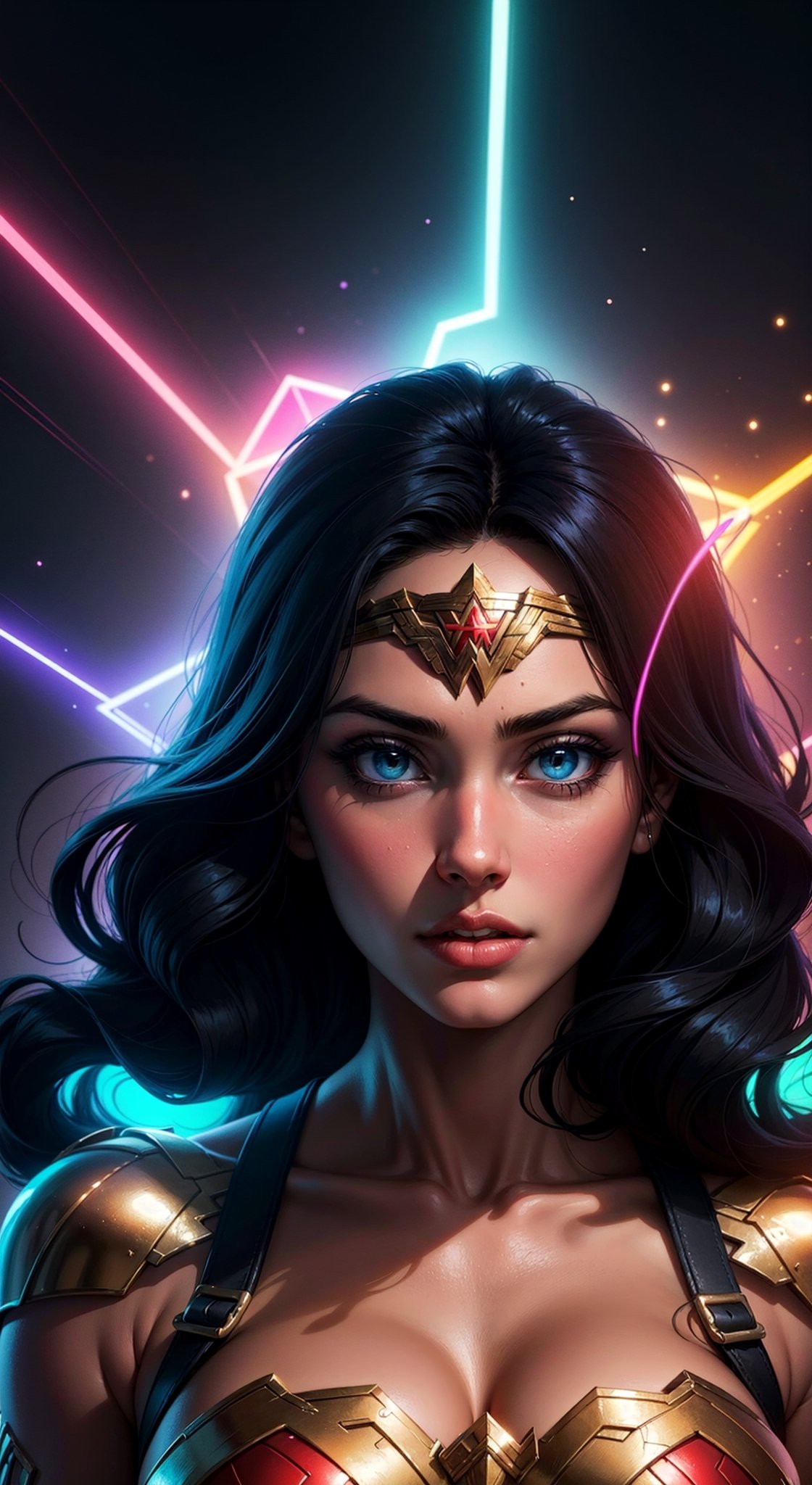 Wonder Woman (big tits) masterpiece, best quality, ((abstract, psychedelic, neon, background)),(creative:1.3), sy3, SMM, fantasy00d