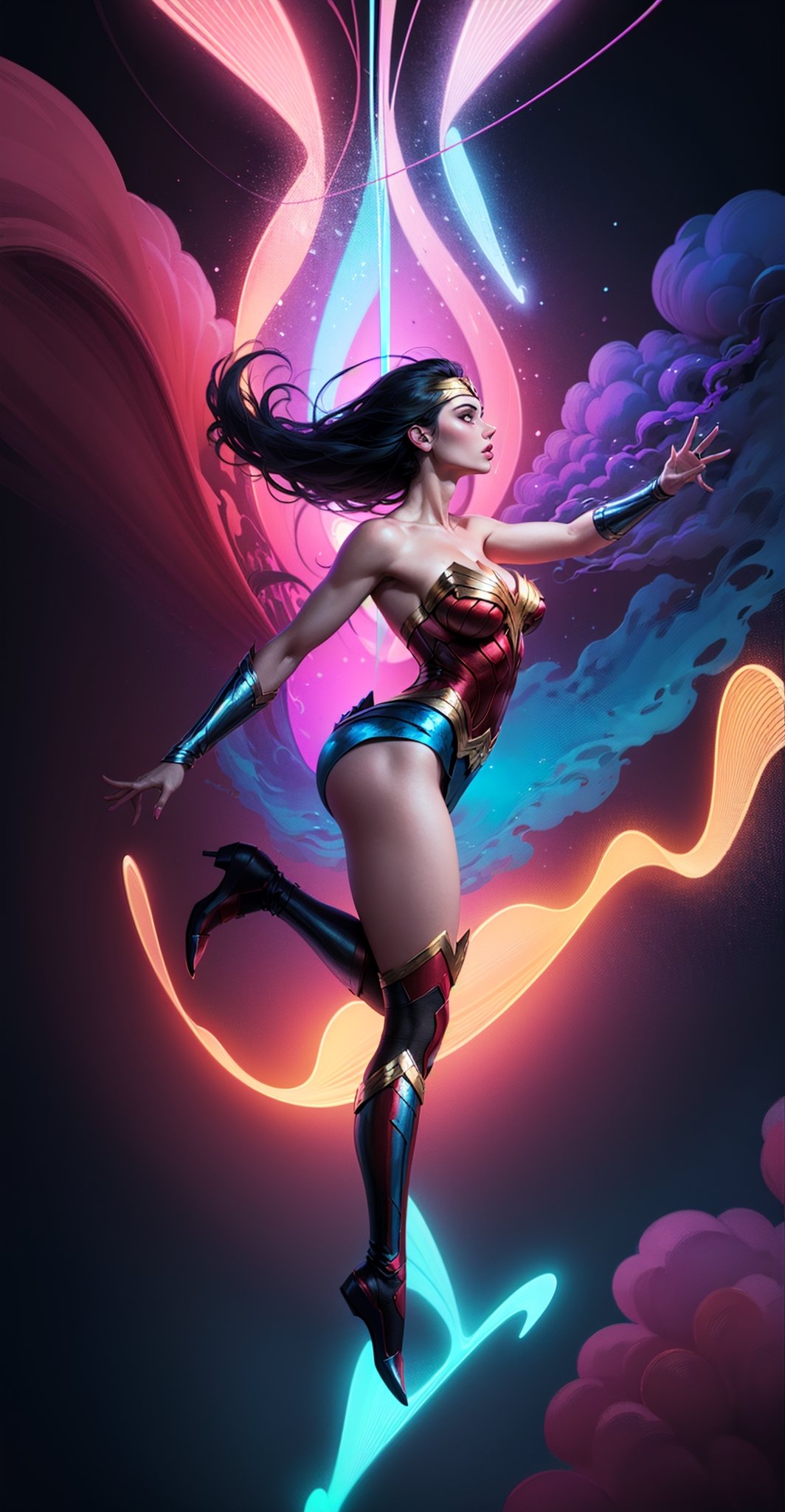 Wonder Woman (big tits),(( side view,)),((full body)),((floating in air)),masterpiece, best quality, ((abstract, psychedelic, neon, smoke , background)),(creative:1.3), sy3, SMM, fantasy00d