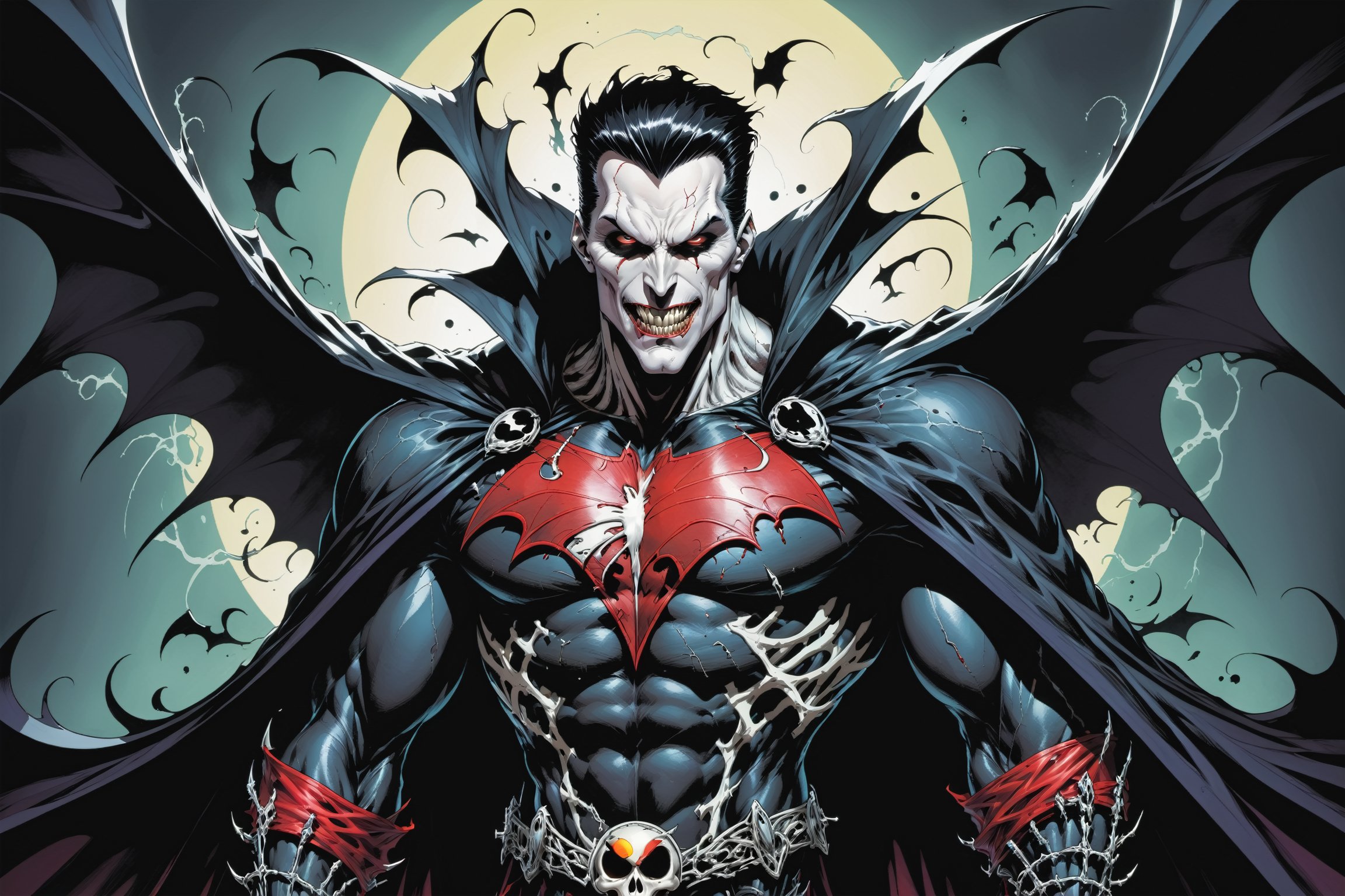 midshot, cel-shading style, centered image, ultra detailed illustration of the comic character ((male Spawn Dracula, by Todd McFarlane)), posing,  he has black  hair, black suit with a skull emblem, long flowing cape, ((Half Body)), (tetradic colors), inkpunk, ink lines, strong outlines, art by MSchiffer, bold traces, unframed, high contrast, cel-shaded, vector, 4k resolution, best quality, (chromatic aberration:1.8)