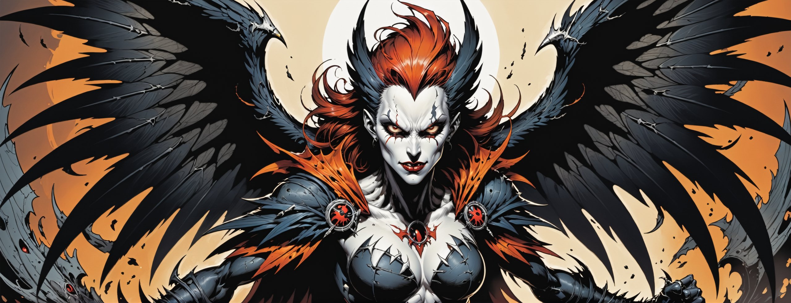 midshot, cel-shading style, centered image, ultra detailed illustration of the comic character ((female Spawn Harpy, by Todd McFarlane)), posing, black, white, brown rust and orange colors, ((Half Body)), (tetradic colors), inkpunk, ink lines, strong outlines, art by MSchiffer, bold traces, unframed, high contrast, cel-shaded, vector, 4k resolution, best quality, (chromatic aberration:1.8)