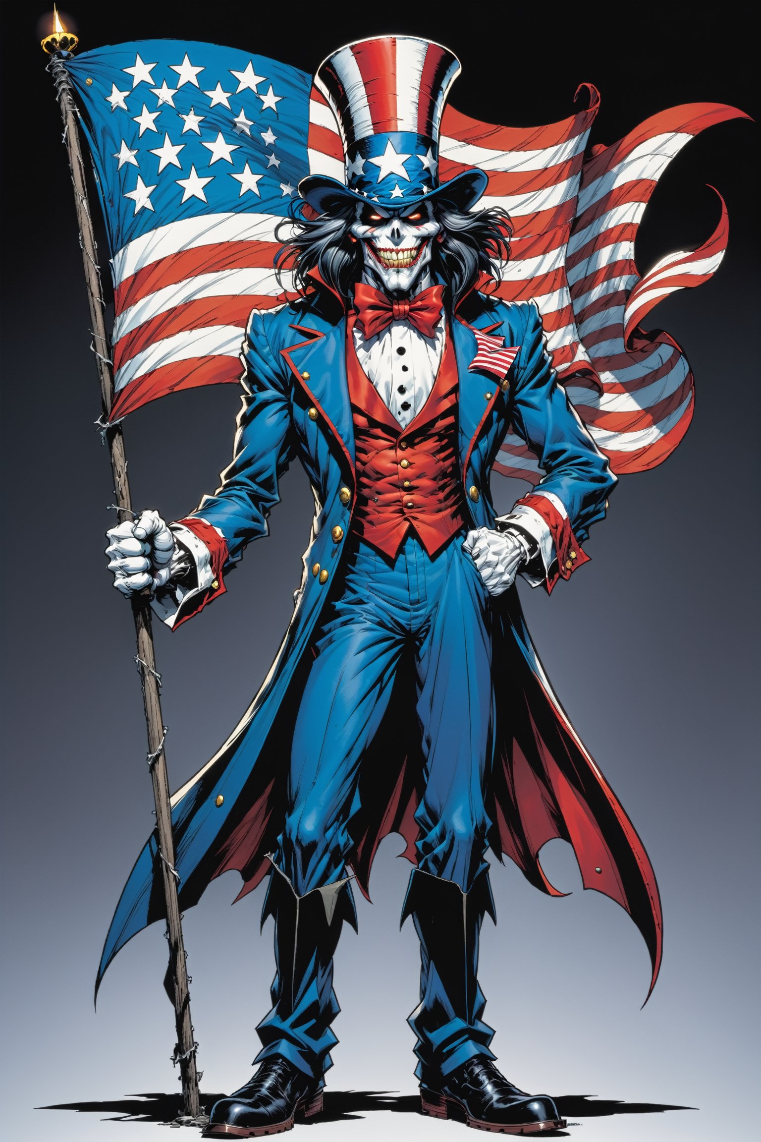 midshot, cel-shading style, centered image, ultra detailed illustration of the comic character ((Spawn Uncle Sam, by Todd McFarlane)), posing, long black long hair, Red white and blue, suit with a skull emblem,  ((Full Body)), he is waving a flag Flag, (tetradic colors), inkpunk, ink lines, strong outlines, art by MSchiffer, bold traces, unframed, high contrast, cel-shaded, vector, 4k resolution, best quality, (chromatic aberration:1.8)