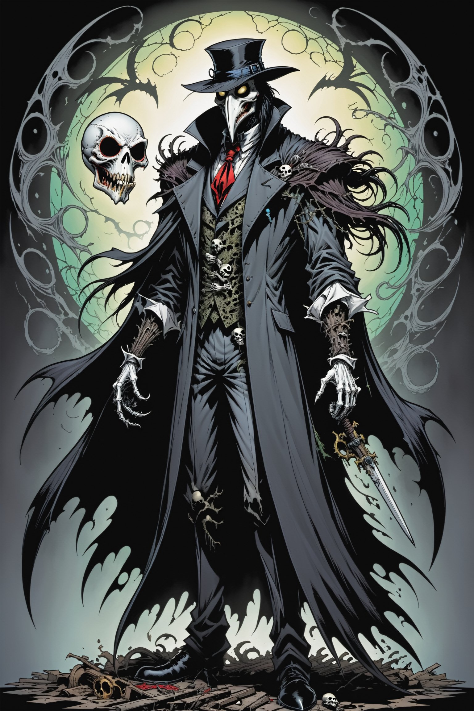 midshot, cel-shading style, centered image, ultra detailed illustration of the comic character ((Spawn  Plague Doctor by Todd McFarlane)), posing, long black long hair, gray and black suit with a skull emblem, ((Full Body)), ornate background, (tetradic colors), inkpunk, ink lines, strong outlines, art by MSchiffer, bold traces, unframed, high contrast, cel-shaded, vector, 4k resolution, best quality, (chromatic aberration:1.8)
