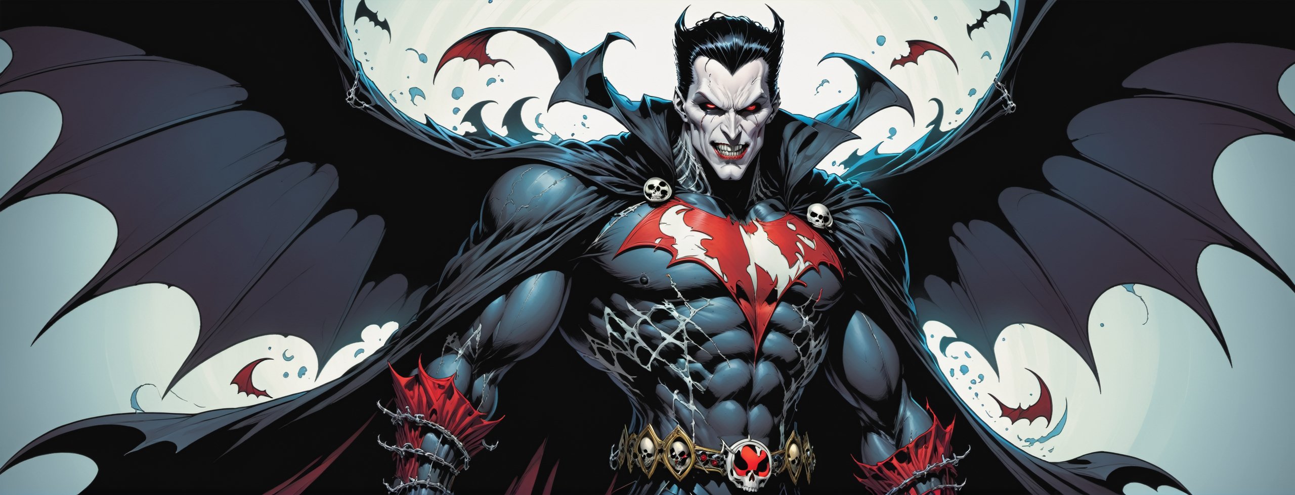 midshot, cel-shading style, centered image, ultra detailed illustration of the comic character ((male Spawn Dracula, by Todd McFarlane)), posing,  he has black  hair, black suit with a skull emblem, long flowing cape, ((Half Body)), (tetradic colors), inkpunk, ink lines, strong outlines, art by MSchiffer, bold traces, unframed, high contrast, cel-shaded, vector, 4k resolution, best quality, (chromatic aberration:1.8)