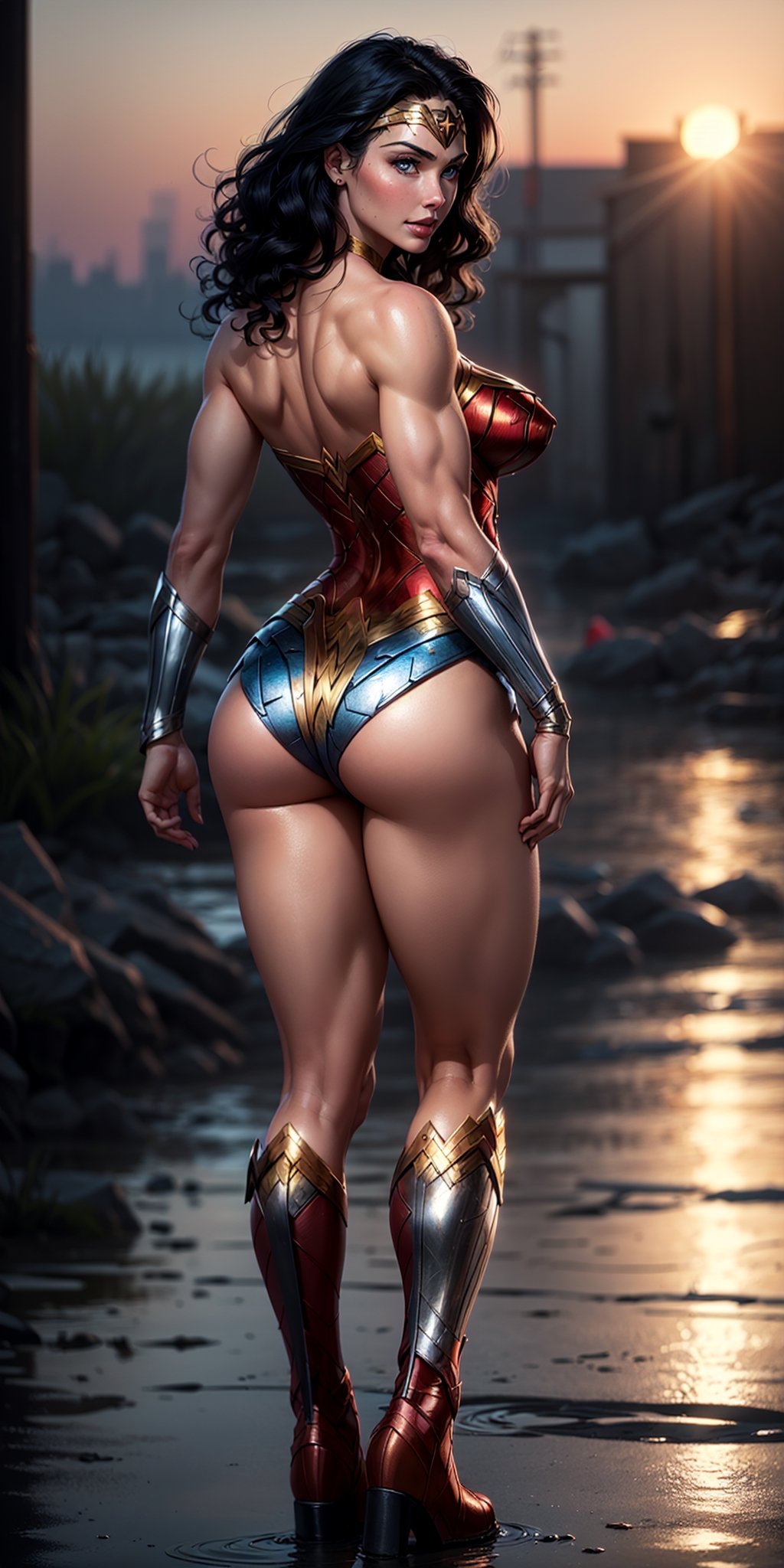 1woman, Wonder Woman, (((floating in the air))),((full body)), ((sunset behind her)),(intricate details, makeup), (delicate and beautiful delicate face, delicate and beautiful delicate eyes, perfectly proportioned face), delicate skin, strong and realistic blue eyes, realistic black hair, lips, makeup, natural skin texture, tiara, jewelry, (star), \(symbol\),(((leotard))), (((wonder woman uniform))), gauntlet, red boots, golden girdle, (public clothing: 1.5), bare shoulders, slightly sunburned complexion, mature, sexy, toned muscles, (muscles:1.2), ((view from behind)), ((strong and healthy body)), ((((more) muscles))), long legs, curves, (big breasts: 1.3), thin waist, soft waist, (delicate skin), (beautiful and sexy woman), (swollen lips: 0.9), very delicate muscles, standing,(realistic: 1.5), photorealistic, octane rendering, hyperrealistic, tight modeling, (photorealistic face: 1.2), thick eyelashes, long eyelashes, (curly dark hair: 1.1), best quality, half smile, (looking at the viewer), sharp focus, (4k), (masterpiece), (best quality), fantasy, extremely detailed, intricate, hyper detailed, (perfect face), illustration, soft lighting,(specular lighting:1.4), blue eyes, absurdly photorealistic, ultra high resolution, intricate, hyperdetailed, (skindentation), female, detailed body, (detailed face: 1.1), (outlined iris), (hydrocolor lenses), (perfect eyes), 4k, gorgeous, (masterpiece: 1.2), (best quality:1.2),