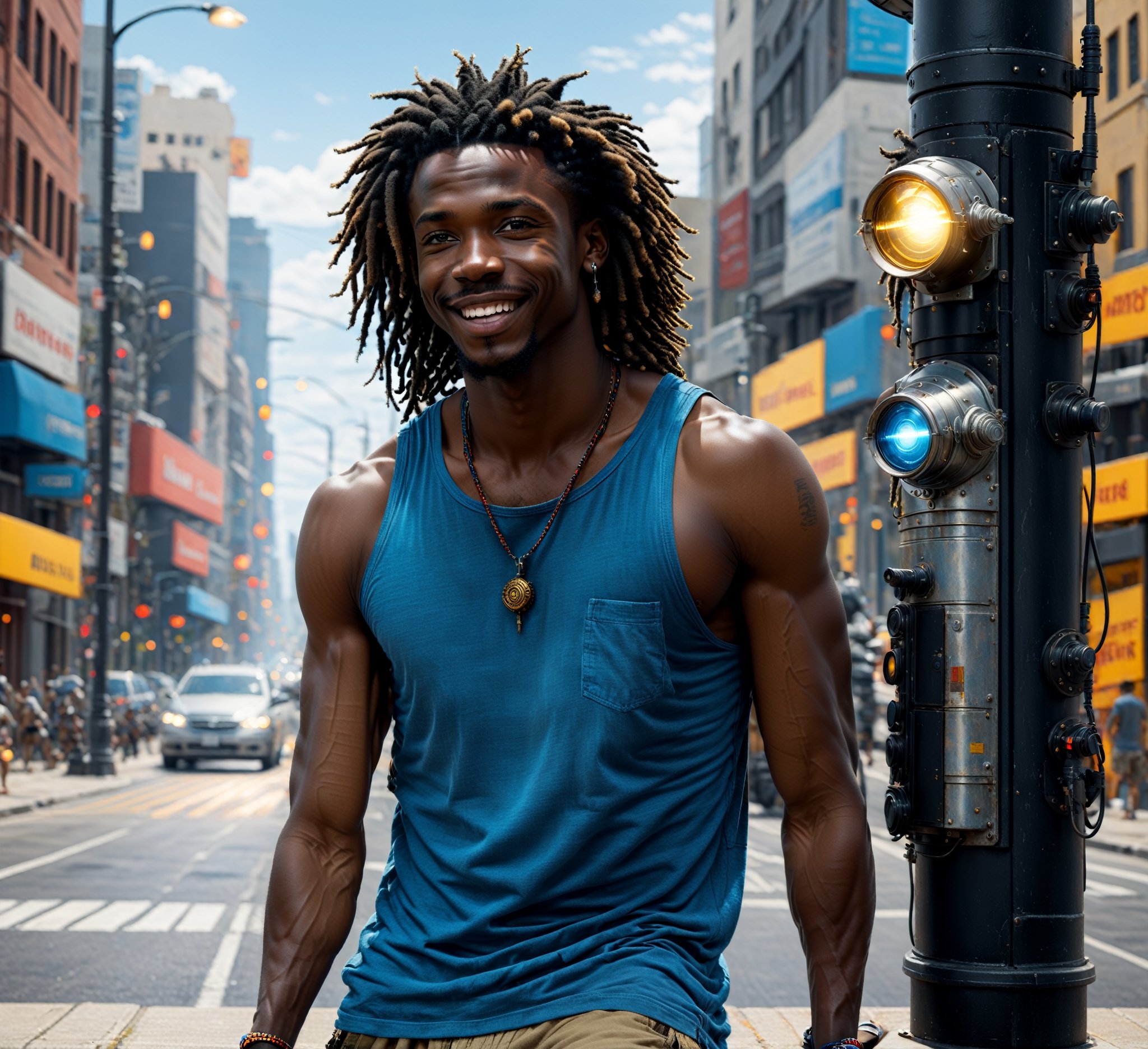 Generate an image of a man leaning against a street light post with his elbow. 

The man is tall and lean revealing his physicality. 

He wears a loose fitting multi-color tank top, cargo shorts and casual shoes. This man has black skin, dread locks and blue eyes. 

The man smiles in such a way as to evoke a kind demeanor and laid back presence, causing one to feel at ease around him. 

solo, 8k resolution photorealistic masterpiece, intricately detailed, cinematic lighting, 8k resolution concept art intricately detailed, complex, expansive, fantastical, detailmaster2,paint,abstact,Photography, wowdk,DonMM4ch1n3W0rld ,DonMM4ch1n3W0rldXL ,Movie Still,detailmaster2