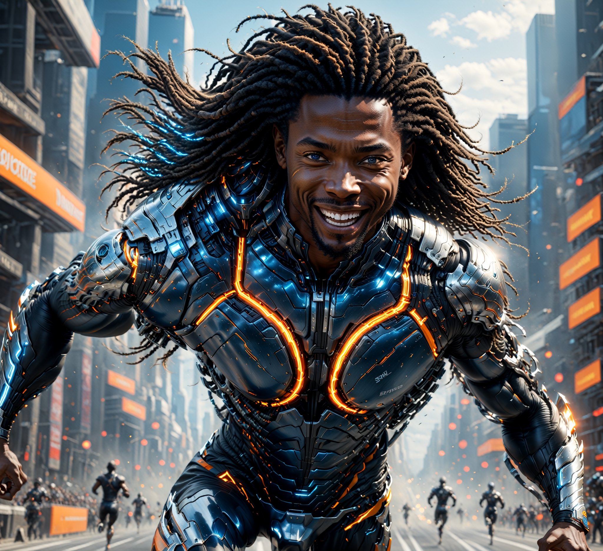 Generate an image of a man sprinting. The scene depicts him at full stride.

The man is tall and lean revealing his physicality. He is obviously fast but also appears strong. 

He wears a high tech fully body skin suit with a silver metallic look that has orange lines running through it. This man has black skin, dread locks and blue eyes. 

He can't help but smile as he sprints. The speed he is moving at brings a thrill to one's senses and a feeling of absolute freedom. The man has a kind demeanor and laid back presence causing one to feel at ease around him.  

solo, 8k resolution photorealistic masterpiece, intricately detailed, cinematic lighting, 8k resolution concept art intricately detailed, complex, expansive, fantastical, detailmaster2,paint,abstact,Photography, wowdk,DonMM4ch1n3W0rld ,DonMM4ch1n3W0rldXL ,Movie Still,detailmaster2