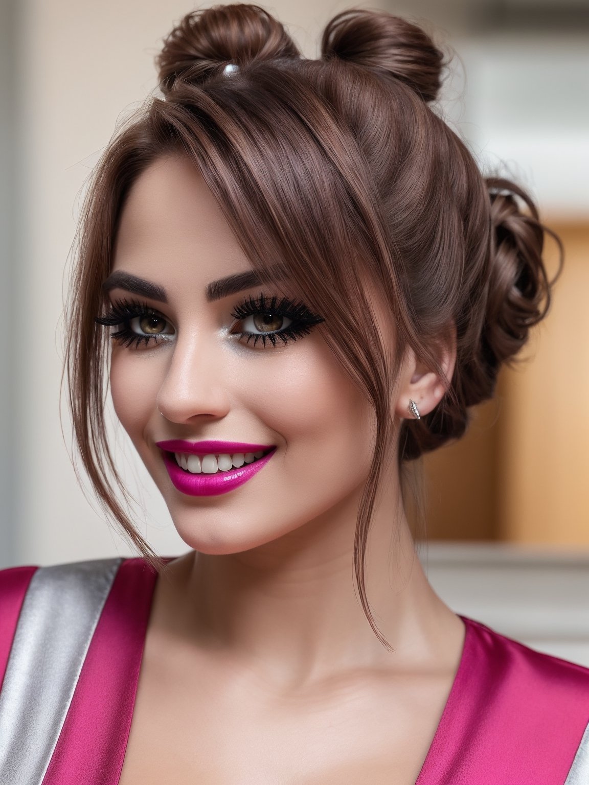 photorealistic, intricate, ((quality)), 8k, (UHD), vivid colors , natural face, ((eyelashes)), skin texture, a ((beautiful)) colombian, 23 y.o., fancy slit dress, ripped, wavy pink_hair, buns, ((cleavage)), sultry smile, perfect teeth, silver redhair, sexy posing, laying, photo of perfecteyes eyes