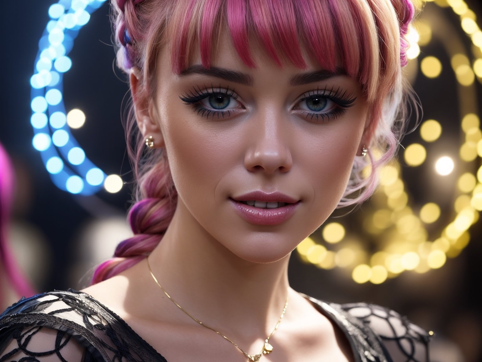 photorealistic, intricate, ((quality)), 8k, (UHD:1.23), a ((beautiful)) colombian, 23 y.o., natural face, ((eyelashes)), fractal embroidery, sexy maid, latex laces, asymmetric_bangs, shiny lips, ((cleavage)), ((perfect teeth)), pink_hair blonde, wavy_hair, thigh boots, braids, glowing art composition, peacock feathers, resemble Mary Elizabeth Winstead:1.23,