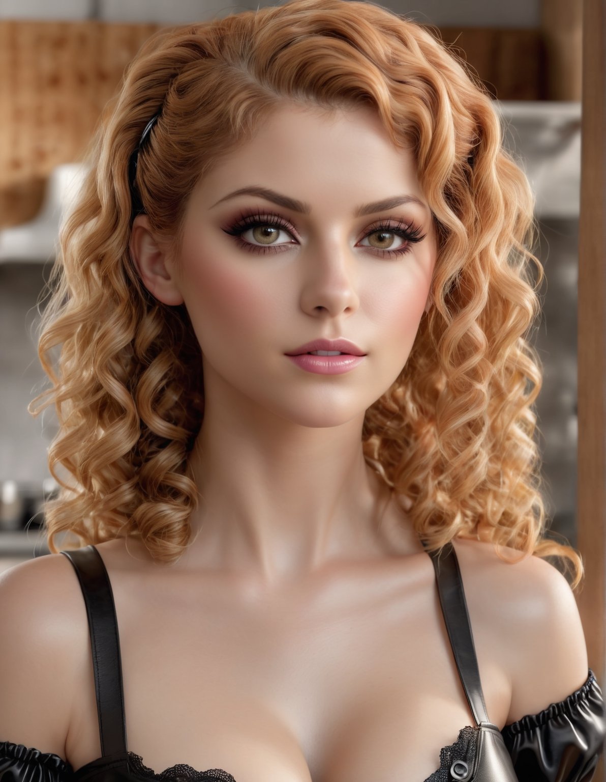 ((photorealistic)), perfect anatomy, realistic skin, detailed eyes, detailed face, hazel eyes, ((smokey eyes)), 32 y.o. woman model, red blonde , short curly braid , leather skirt, cleavage, fringes, gothic pink maid theme, kitchen, chubby,

knee up photo 
