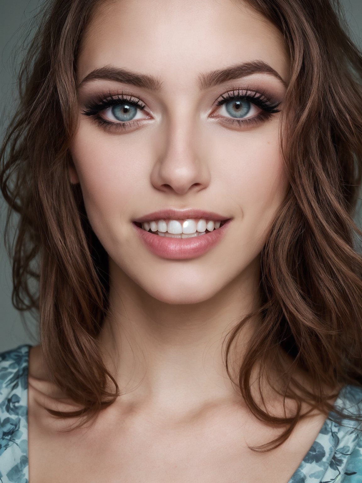 ((HDR)), Extremely Realistic, hyper realistic, perfect teeth, a italian supermodel, 23y.o. , wearing a cyan mini dress, flowers print, ((eyelashes)), red lips, smile, curly pink_hair, chubby, ((smokey eyes)), (make_up), night glowy street , photo of perfecteyes eyes, 