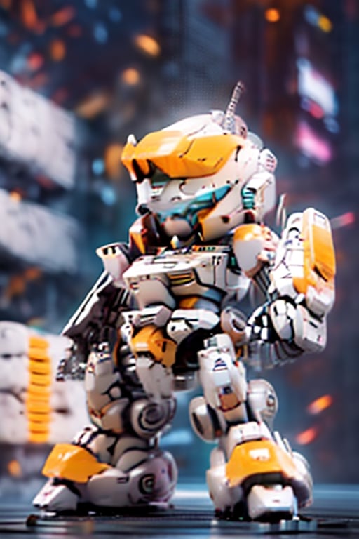 Best quality,masterpiece, strong contrast, high level of detail,Best quality,masterpiece, 16k wallpaper, concept art, high level of detail, strong contrast,

BJ_Cute_Mech,1 mech, solo, perfect chibi full body mech, mech in distance , mechanical face, mech face in detail, hard surface face, huge jade eyes like camera lends, holding, standing, perfect chibi full body, weapon, chibi, holding_weapon, gun,blush_stickers, helmet,holding_gun, android, joints, robot_joints, orange rivet on joints, hard surface, heavy armored mech, 1 bipedal mech, the mech is white and orange in color, it has a round head and a triangular visor, the mech’s head is small, the mech’s head is integrated with the mech’s body, no neck,  The mech’s body is a white oval-shaped box, the box is connected to the mech’s head and shoulders, the box has an orange line on the front, the line separates the mech’s chest and abdomen, the box has an orange circular part on the side, the part separates the mech’s waist and abdomen, 

steampunk battle field  background, depths of deep field,

cinematic lighting, , BJ_Gundam,mecha,engineering map,QRobot,zzmckzz,bodysuit,baimecha,BJ_Gundam