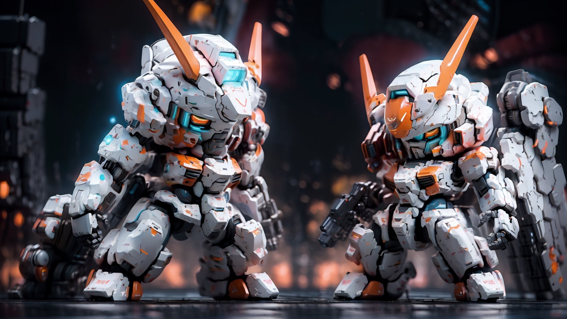 Best quality, masterpiece,  strong contrast,  high level of detail, Best quality, masterpiece,  16k wallpaper,  concept art,  high level of detail,  (HDR:1.4), contrast, vibrant color,
BREAK

BJ_Cute_Mech, 1 bipedal ful larmored mech,  solo,  perfect chibi full body mech,  mech in distance,  mechanical face,  mech face in detail,  huge mechanical head in detail,  hard surface face,  two huge jade eyes like camera lends,  holding,   perfect chibi full body, extremely small torso,  weapon,  chibi,  ((holding_weapon:1.3)),  gun, blush_stickers,  helmet, (holding_Assault rifle:1.3),  android,  joints,  robot_joints,  orange rivet on joints,  hard surface,  heavy armored head and body, heavy armored arms and legs, the mech is white and orange in color,  it has a round head and a triangular visor,  the mech’s head is small,  the mech’s head is integrated with the mech’s body,  no neck,  The mech’s body is a white oval-shaped box,  the box is connected to the mech’s head and shoulders,  the box has an orange line on the front,  the line separates the mech’s chest and abdomen,  the box has an orange circular part on the side,  the part separates the mech’s waist and abdomen, standing pose,  

steampunk battle field  background,  depths of deep field, 

cinematic lighting, ,BJ_Cute_Mech,High detailed ,BJ_Gundam, BJ_Gundam,QRobot