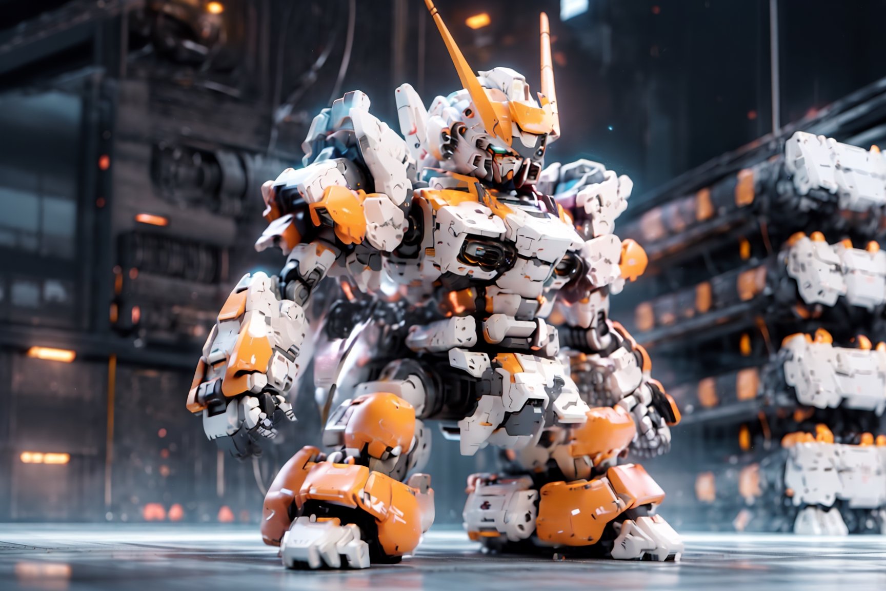 Best quality, masterpiece,  strong contrast,  high level of detail, Best quality, masterpiece,  16k wallpaper,  concept art,  high level of detail,  strong contrast, 
BREAK

BJ_Cute_Mech, 1 bipedal mech,  solo,  perfect chibi full body mech,  mech in distance,  mechanical face,  mech face in detail,  huge mechanical head in detail,  hard surface face,  two huge jade eyes like camera lends,  holding,   perfect chibi full body, extremely small torso,  weapon,  chibi,  holding_weapon,  gun, blush_stickers,  helmet, holding_gun,  android,  joints,  robot_joints,  orange rivet on joints,  hard surface,  heavy armored head and body, heavy armored arms and legs, the mech is white and orange in color,  it has a round head and a triangular visor,  the mech’s head is small,  the mech’s head is integrated with the mech’s body,  no neck,  The mech’s body is a white oval-shaped box,  the box is connected to the mech’s head and shoulders,  the box has an orange line on the front,  the line separates the mech’s chest and abdomen,  the box has an orange circular part on the side,  the part separates the mech’s waist and abdomen, standing pose,  

steampunk battle field  background,  depths of deep field, 

cinematic lighting, ,BJ_Cute_Mech,High detailed ,BJ_Gundam, BJ_Gundam,QRobot