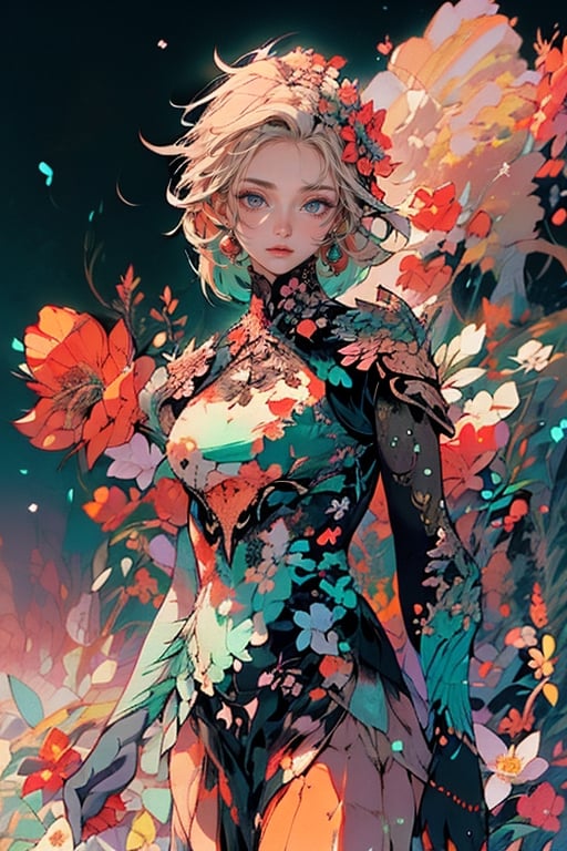 high resolution,    ultra detailed,     masterpiece,     best quality,

woman, flower dress, colorful, darl background,flower armor,green theme,exposure blend, medium shot, bokeh, (hdr:1.4), high contrast, (cinematic, teal and orange:0.85), (muted colors, dim colors, soothing tones:1.3), low saturation,Animal ear