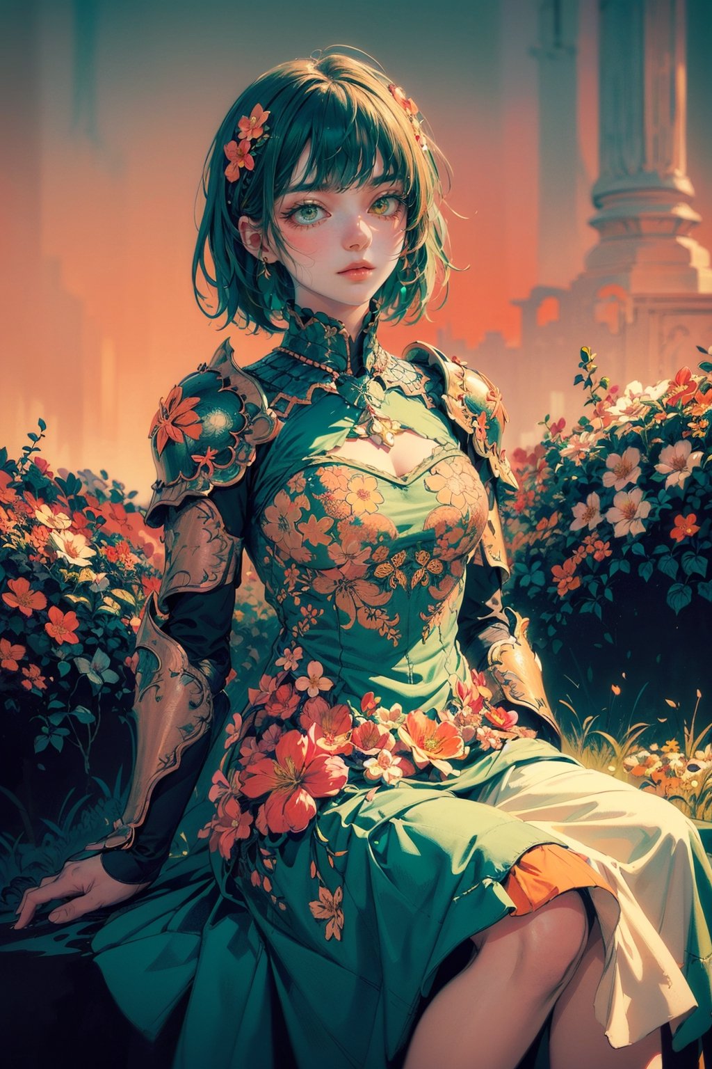 woman,  flower dress,  colorful,  darl background, flower armor, green theme, exposure blend,  medium shot,  bokeh,  (hdr:1.4),  high contrast,  (cinematic,  teal and orange:0.85),  (muted colors,  dim colors,  soothing tones:1.3),  low saturation