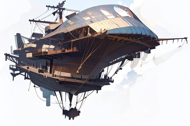 ultra hires,  ultra detailed,  masterpiece Steampunk airship flying abovew the clouds,  (flying in the blue sky with white clouds background :1.3), (blue sky:1.3), (white clouds:1.3), Create a realistic image of a wooden airship,  The airship should have a wooden hull that is shaped like a boat,  with a curved bow and a flat stern,  The airship should have two white balloons that are attached to the hull by a wire frame,  The balloons should be oval-shaped and inflated with helium,  The airship should have two large propellers that are attached to the hull by a wire frame,  The propellers should be made of metal and have four blades each,  The propellers should be located on the sides of the hull near the bow,  The airship should also have several towers and masts that are made of wood and metal,  The towers and masts should have ropes and rigging that connect them to the hull and the balloons,  The largest tower should be located on the top of the hull near the stern. The tower should have a window and a flag on it,  The background should be a light grey color that represents the sky,