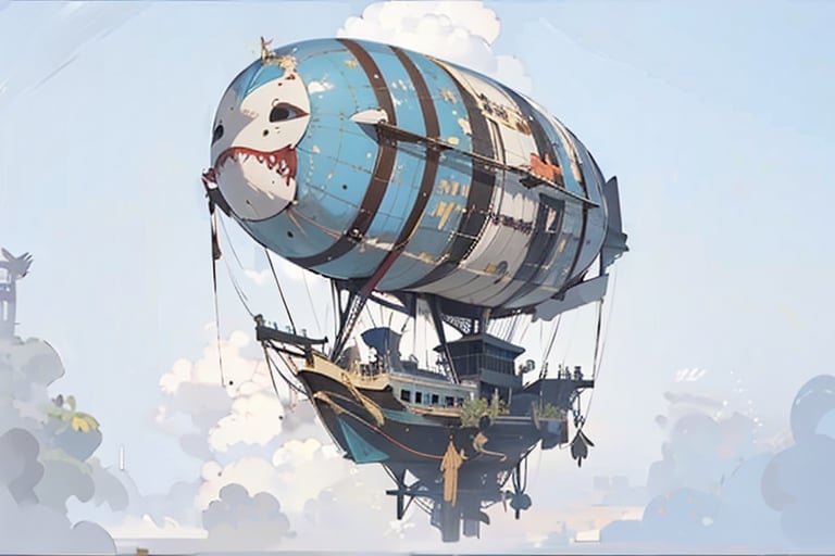 ultra hires, ultra detailed, masterpiece 

Steampunk airship in the shape of a shark flying abovew the clouds, firing

The airship is made of a combination of wood and metal, with a large fish-like body and two large fins on the top and bottom,
The body of the airship is covered in intricate details, such as pipes, gears, windows, and lanterns,
The airship has a propeller at the back and a balloon on the top that helps it float in the sky,
The airship is flying in a clear blue sky with fluffy white clouds and a bright sun,
The airship has a name written on the side in a fancy font,The Leviathan,yu fuhua,Japanese scene
