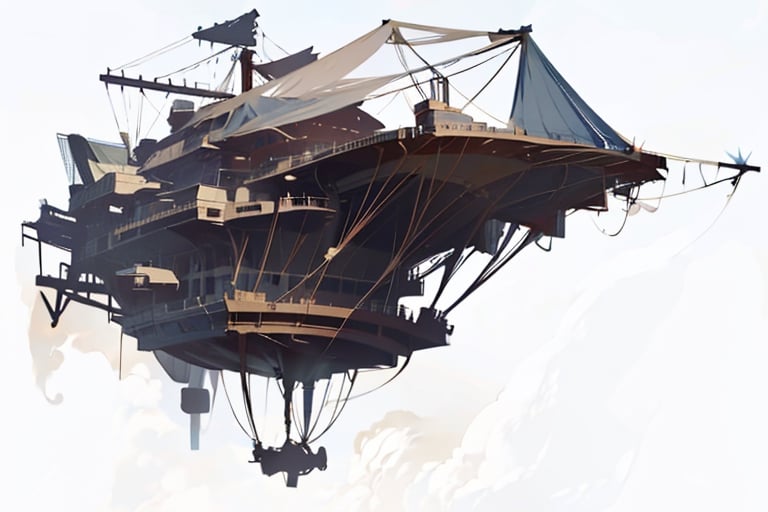 ultra hires,  ultra detailed,  masterpiece Steampunk airship flying abovew the clouds,  (flying in the blue sky with white clouds background :1.3), (blue sky:1.3), (white clouds:1.3), Create a realistic image of a wooden airship,  The airship should have a wooden hull that is shaped like a boat,  with a curved bow and a flat stern,  The airship should have two white balloons that are attached to the hull by a wire frame,  The balloons should be oval-shaped and inflated with helium,  The airship should have two large propellers that are attached to the hull by a wire frame,  The propellers should be made of metal and have four blades each,  The propellers should be located on the sides of the hull near the bow,  The airship should also have several towers and masts that are made of wood and metal,  The towers and masts should have ropes and rigging that connect them to the hull and the balloons,  The largest tower should be located on the top of the hull near the stern. The tower should have a window and a flag on it,  The background should be a light grey color that represents the sky,