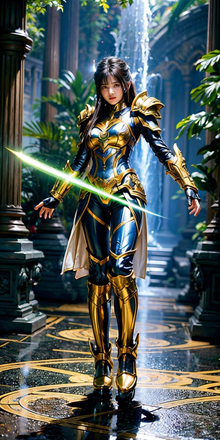 "Generates a visually stunning high-quality 4K ultra HDR image featuring a handsome, athletic young woman warrior with black hair and tanned skin. Dress him in magical space opera-style armor that shines with power, accentuating his might. ( Ensures meticulous details in the design of the armor, making it both ornate and functional). ( Place in your hand a glowing, shiny, smooth sword that emanates a dangerous glow). Create a perfect, super-realistic scene that combines photographic excellence, photorealism and fantasy aesthetics. The image must encapsulate the essence of an anti-hero in a mythical world, where every detail, from the warrior's expression to the magical elements, contributes to a visually captivating and immersive experience.",mecha musume , fullbody,