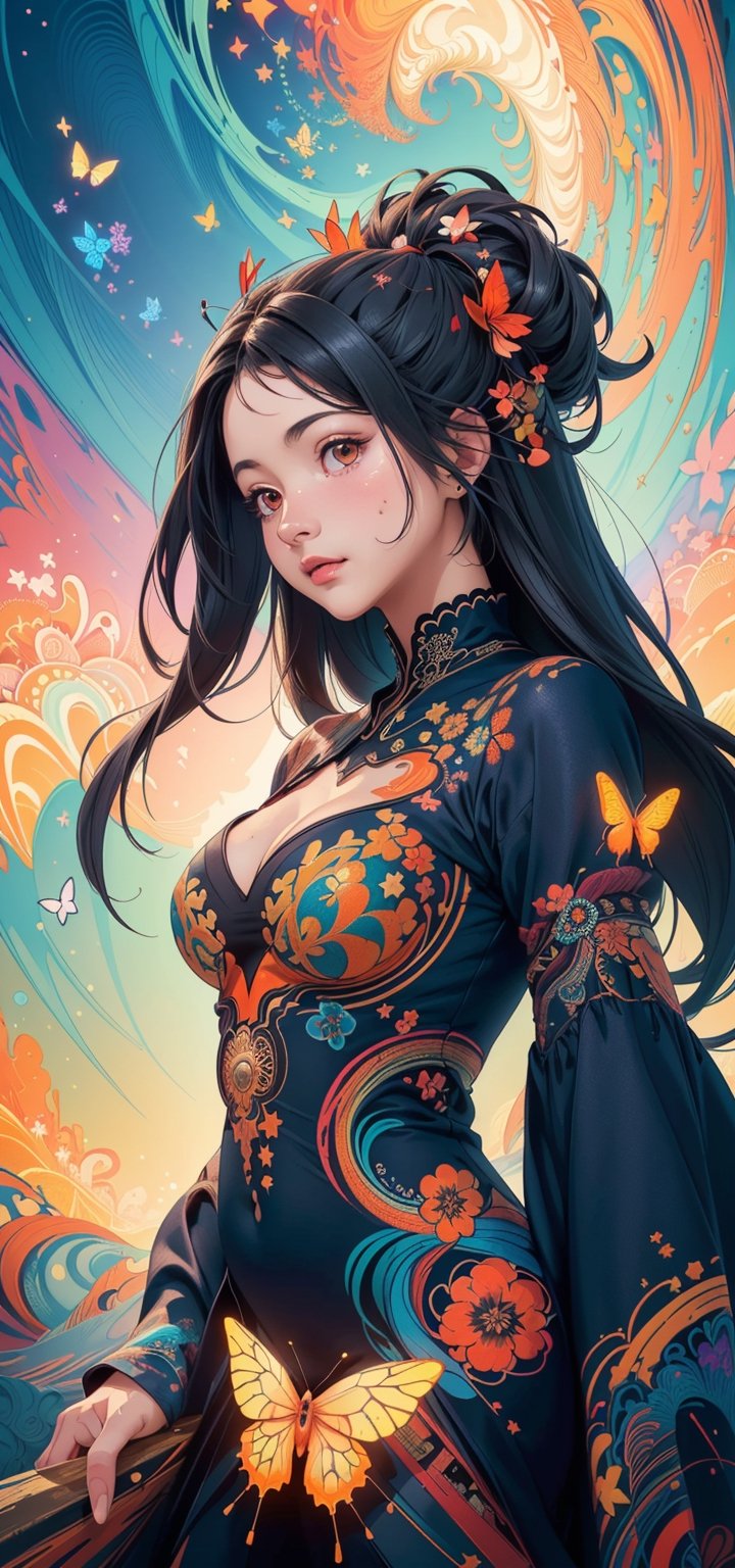 covered in medium and orange stars and butterflies(masterpiece, top quality, best, official art, beautiful and aesthetic:1.2),(masterpiece, top quality, best quality, official art, beautiful and aesthetic:1.2),(masterpiece, top quality, best quality, official art, beautiful and aesthetic:1.2), (1girl:1.3), extreme detailed,(fractal art:1.3),colorful,highest detailed,bul4n