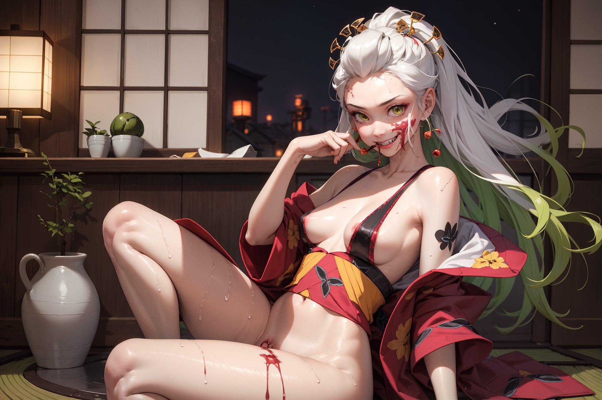Girl, evil smile, white hair, long hair, green hair tail,green hair tail, tattoo on face, blood on mouth, small breasts, fair skin, fangs, yellow eyes, in Japanese style room, exposed breasts, night, sitting position, legs , clogs, Japanese kimono,


Detailed face, ultra-detailed, bright Asian wet glossy skin, high quality skin texture rendering, masterpiece, (small natural breasts, masterpiece, highest quality), (realistic, photo-realistic), 8k, realistic, showing breasts,, Masterpiece, Best Quality, Pussy, Pussy Exposed