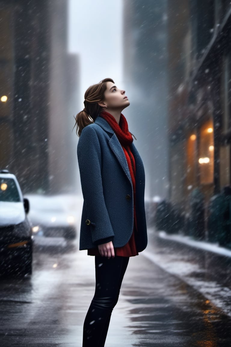 A girl, wearing a blazer, in the winter, in a sad city, looking up at the sky as snow is falling