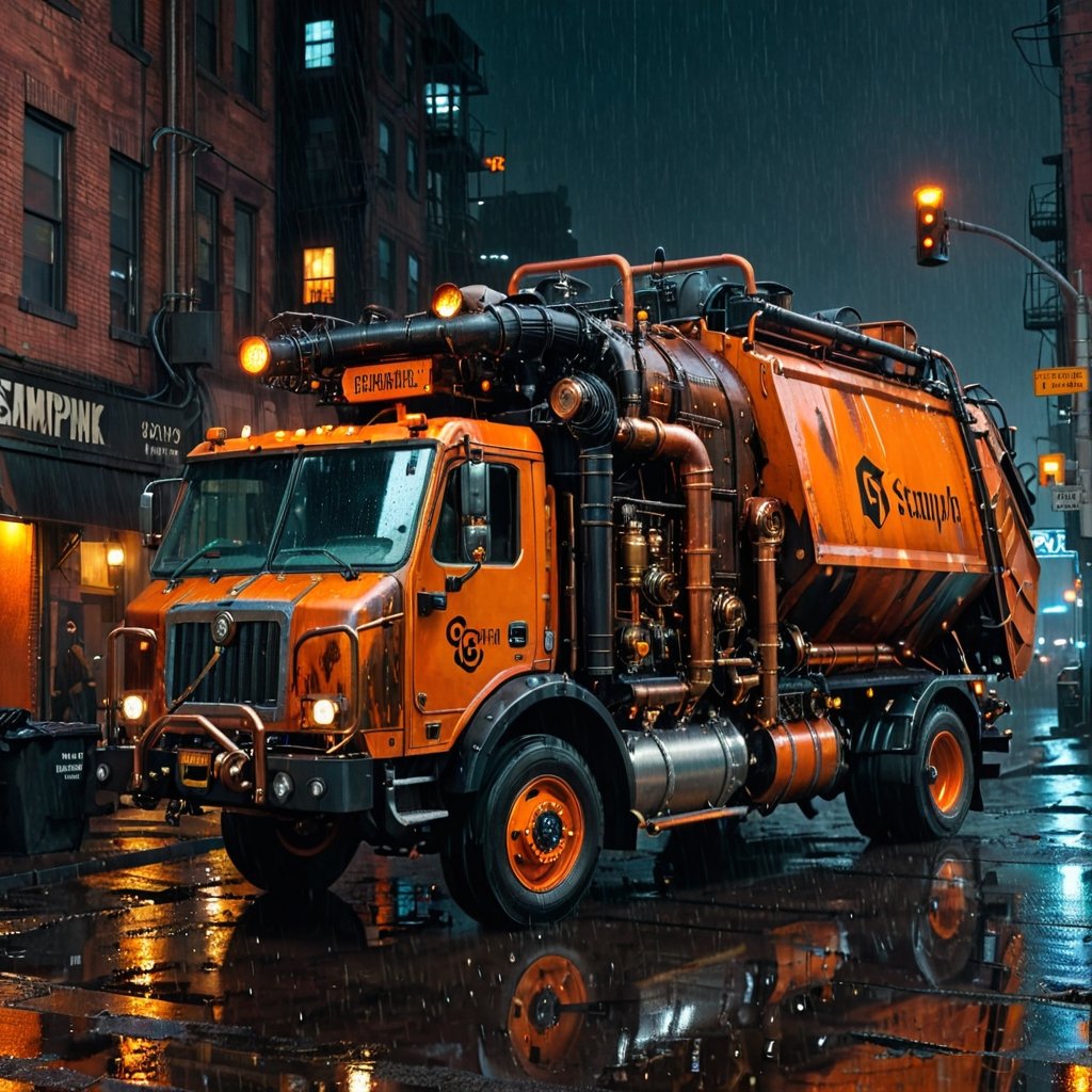 Steampunk garbage truck bathed in orange and black hues, "DUMP" signal illuminated atop, set against a rain-drenched Cyberpunk cityscape at night, captured with photorealistic quality, UHD resolution, and cinematic lighting emphasizing the steampunk aesthetic, volumetric rain effects, glistening reflective surfaces, steam emanating from pipes, ultra-fine textures, cybernetic augmentation, steampunk style,steampunk style,steampunk