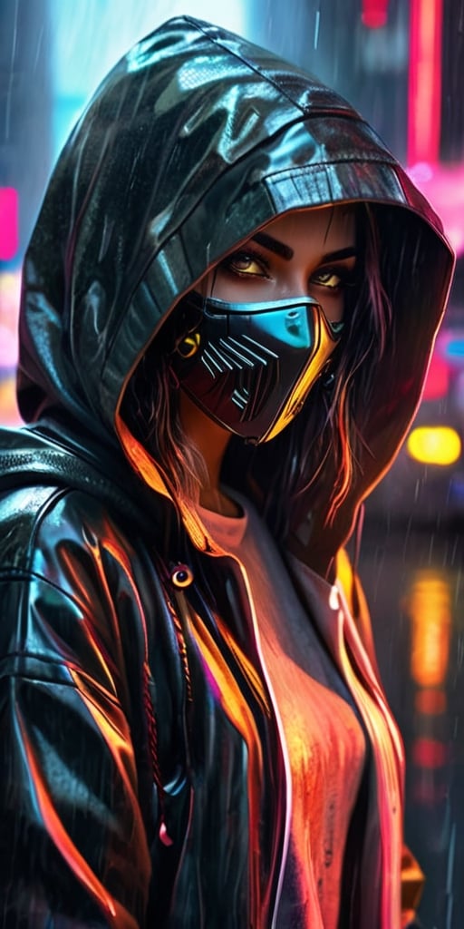 Generate hyper realistic image of a solitary girl in a cyberpunk cityscape, her upper body shrouded in a hood against the rain. A mask conceals part of her face, creating an air of intrigue. The surroundings blur into neon-lit shadows, and her eyes emit an ethereal glow, adding a touch of mystique. The combination of the hood, mask, and glowing eyes adds to the futuristic and sci-fi atmosphere of the artwork..